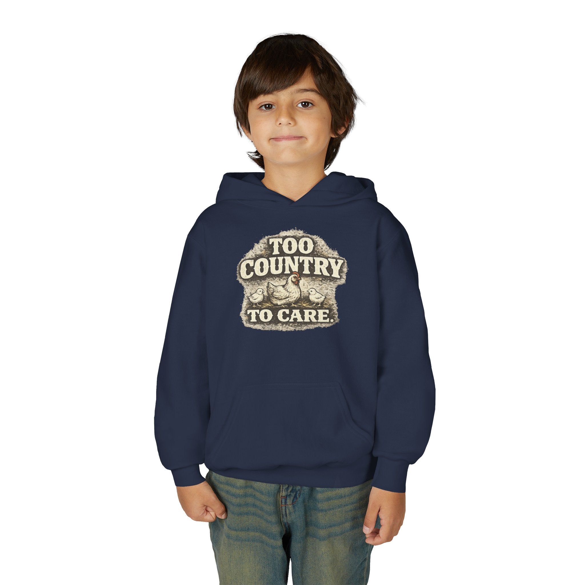 Youth Hoodie — 'Too Country to Care' / Appalachian Faith Graphic