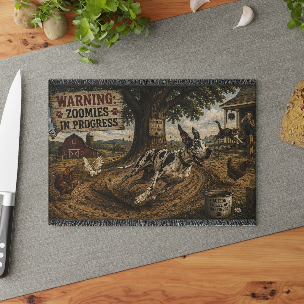 Glass Cutting Board - "Warning: Zoomies in Progress" Farm Dog Kitchen Decor