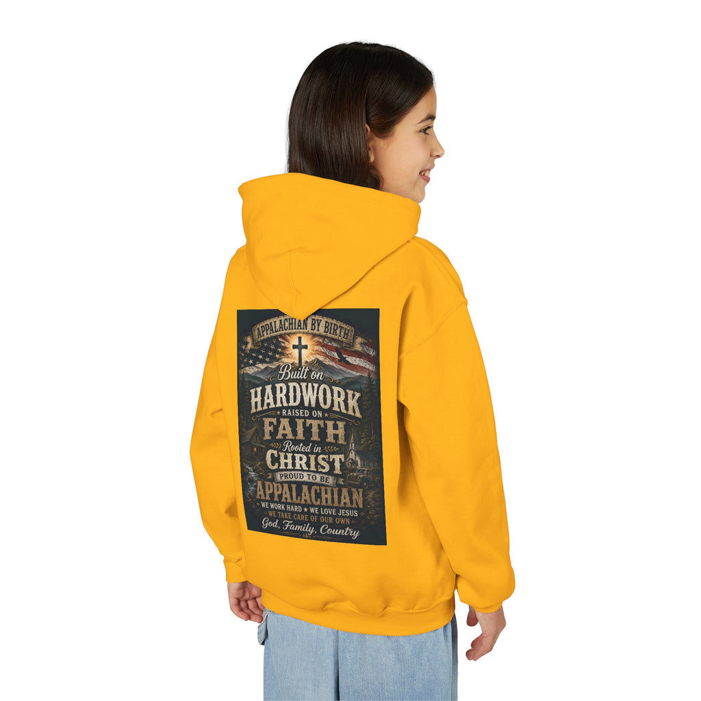 Youth Hoodie — 'Too Country to Care' / Appalachian Faith Graphic