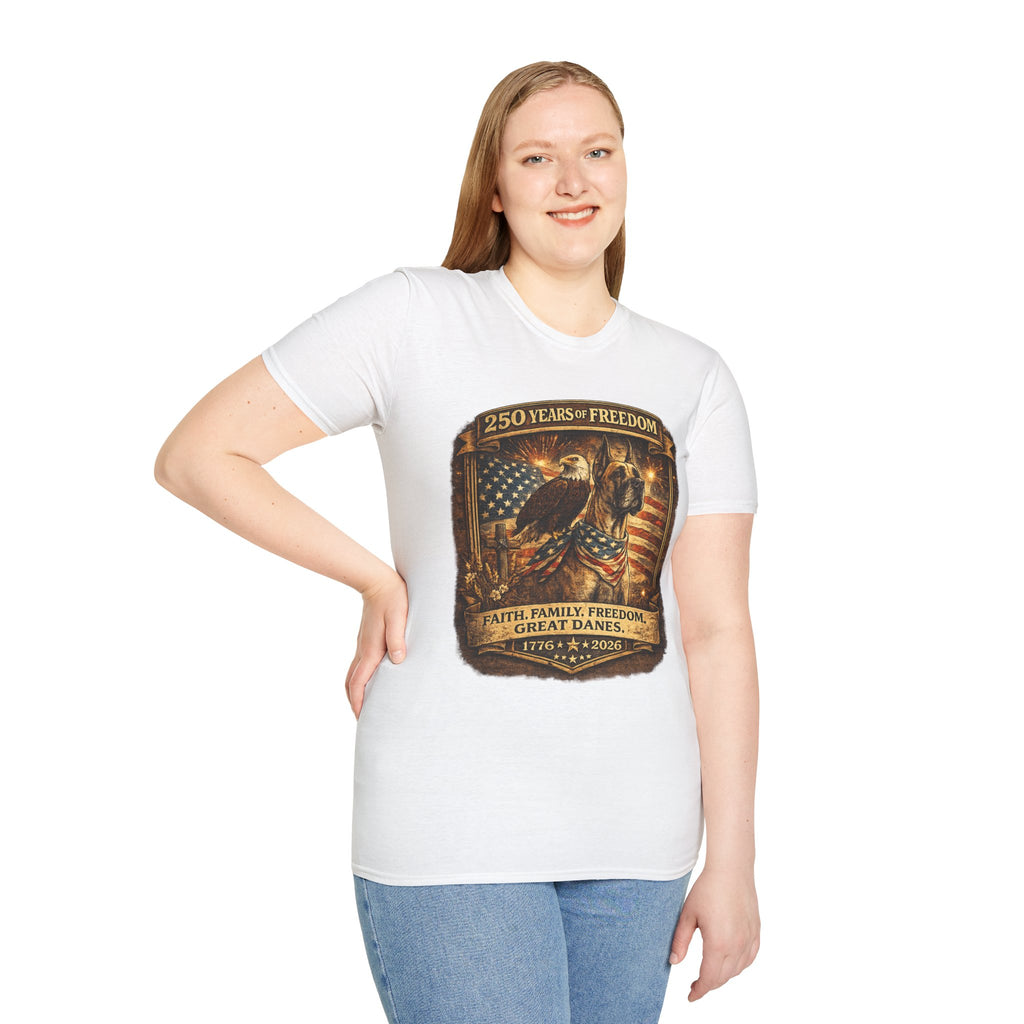 250 Years — Patriotic Bald Eagle & Great Dane  American Flag Tee