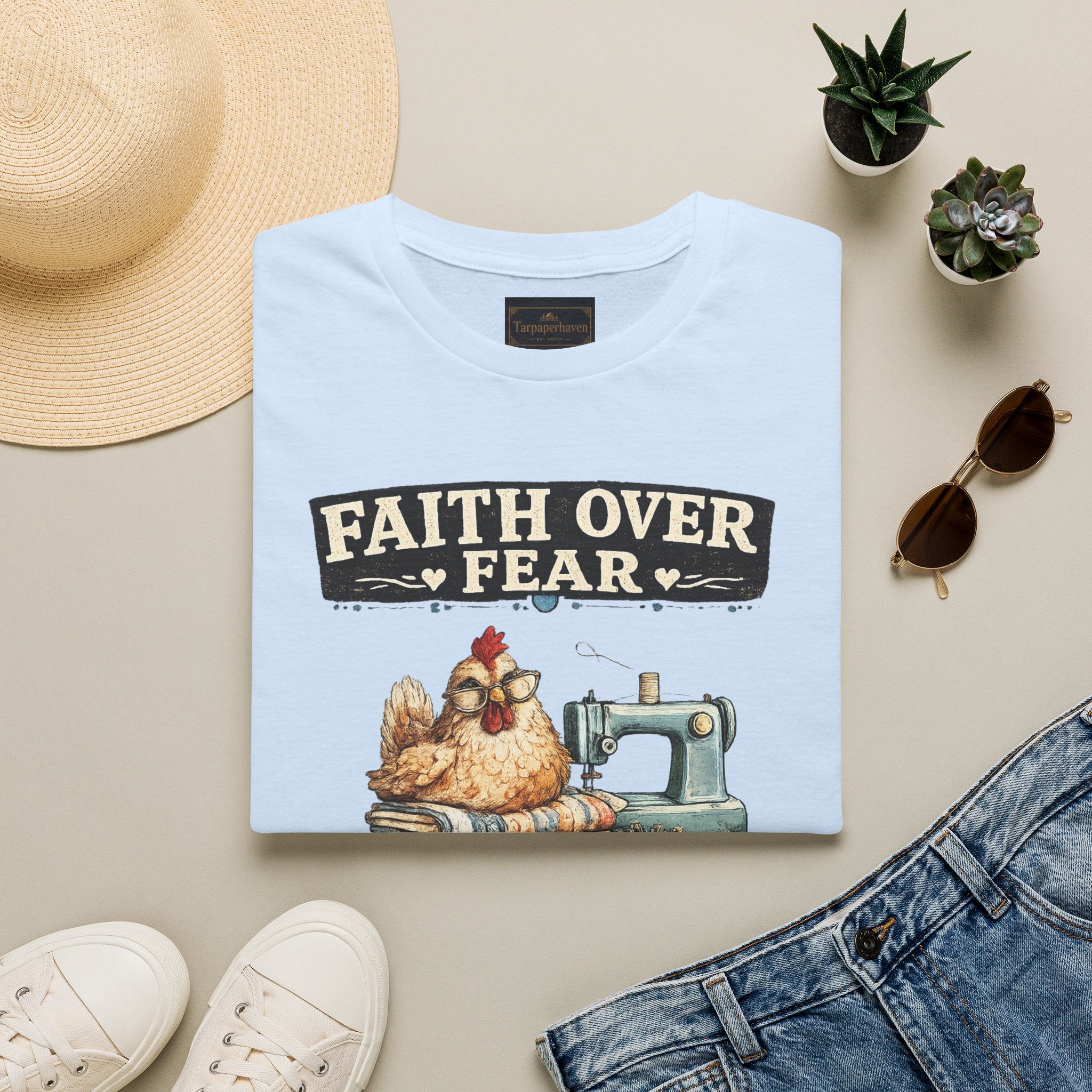 Faith Over Fear Quilting T‑Shirt — Chicken & Sewing Machine Graphic