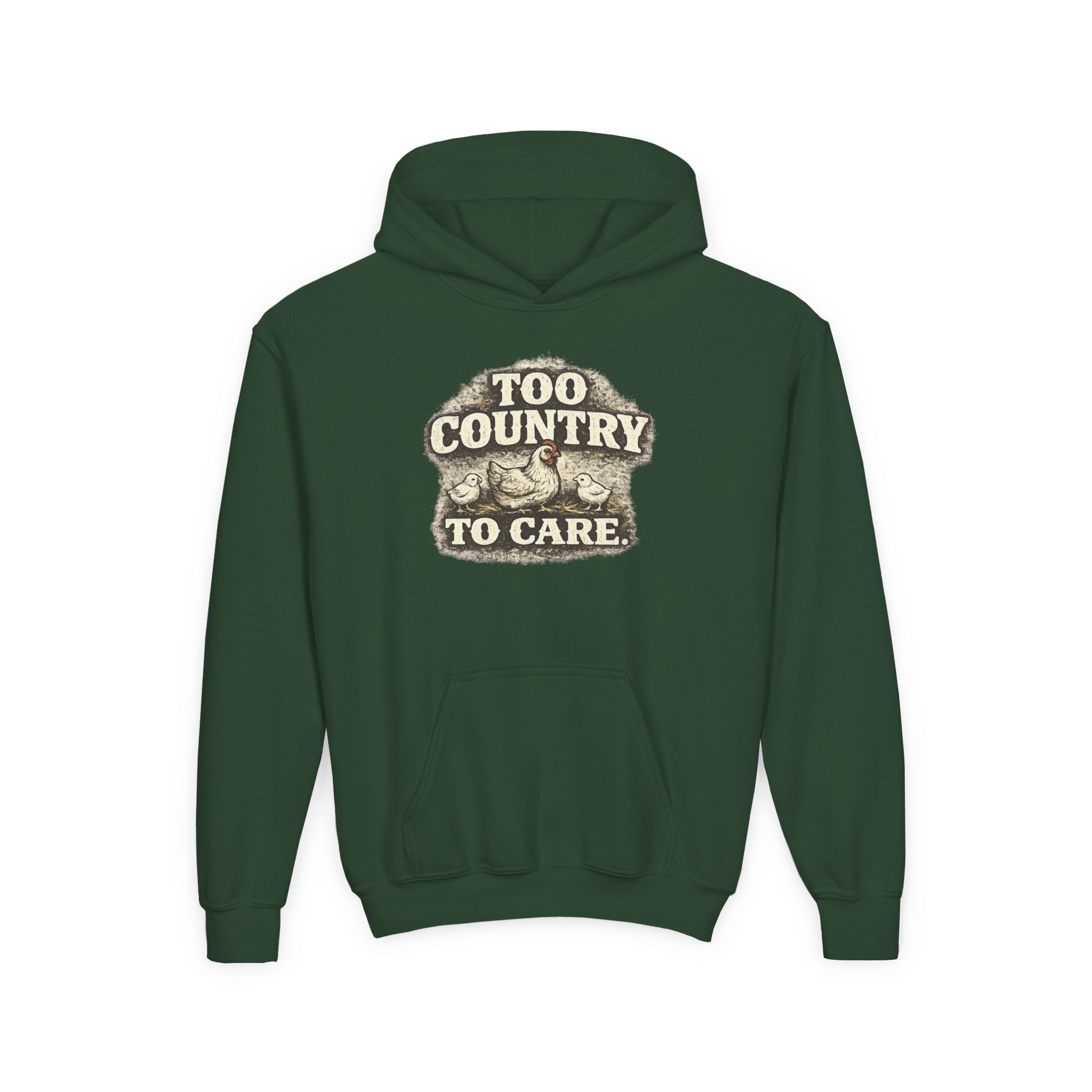 Youth Hoodie — 'Too Country to Care' / Appalachian Faith Graphic