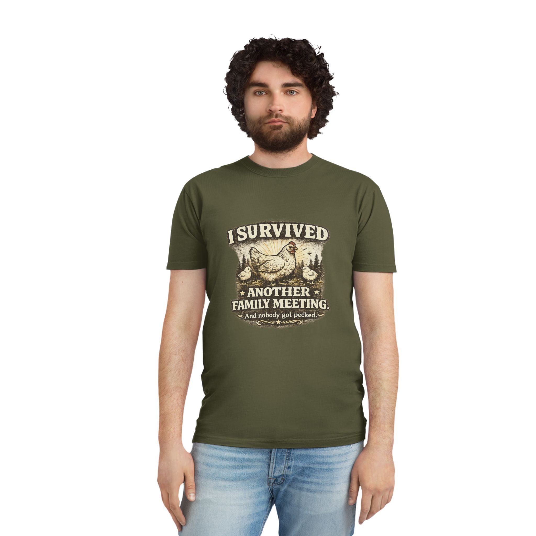 T-Shirt — "I Survived Another Family Meeting" Vintage Chicken Humor Tee