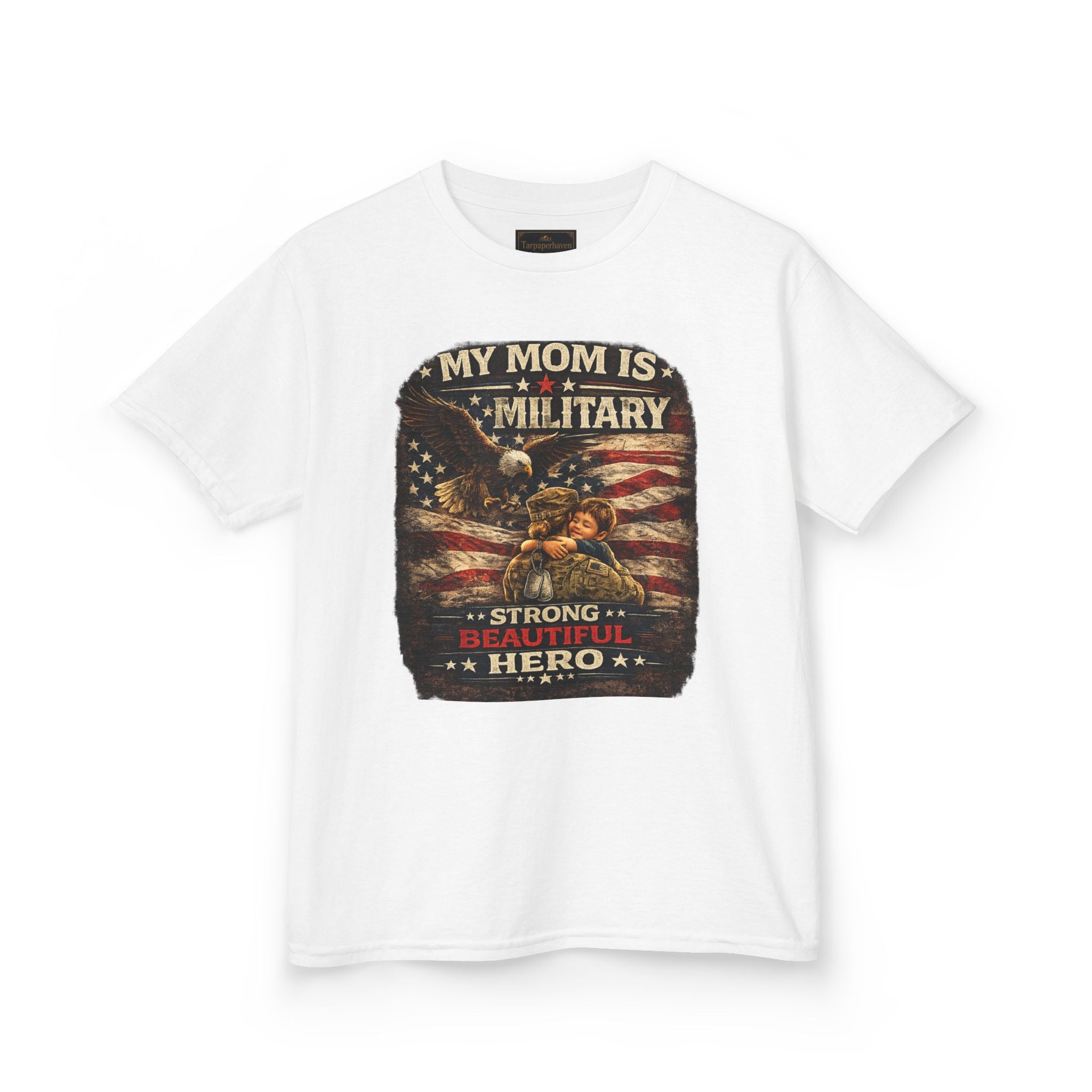 Kids Tee — "My Mom Is Military" Patriotic American Flag Shirt