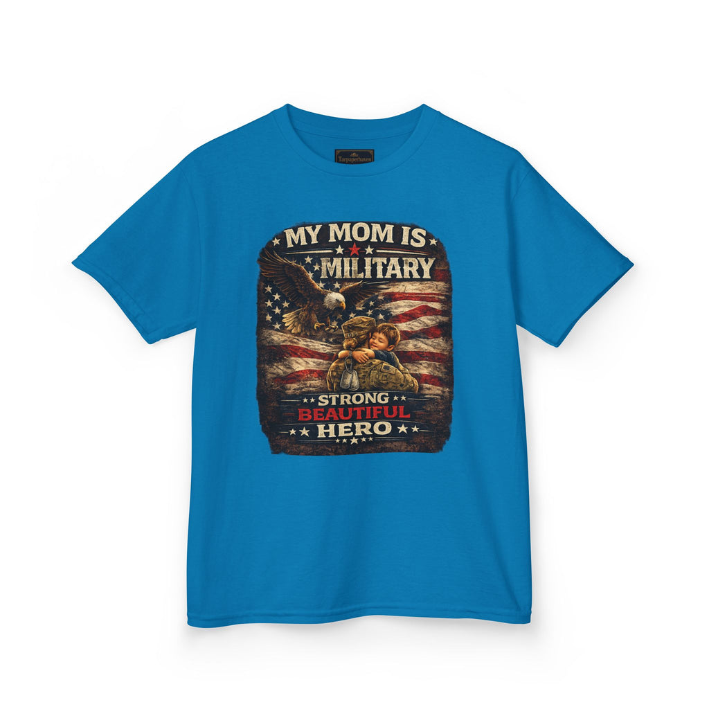 Kids Tee — "My Mom Is Military" Patriotic American Flag Shirt
