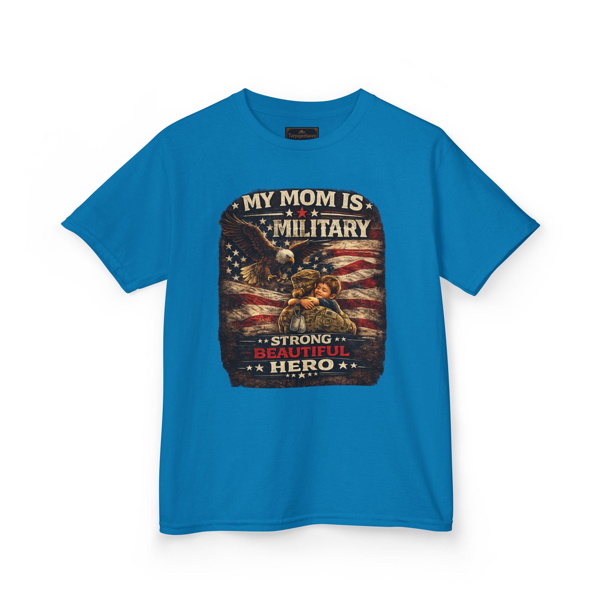 Kids Tee — "My Mom Is Military" Patriotic American Flag Shirt