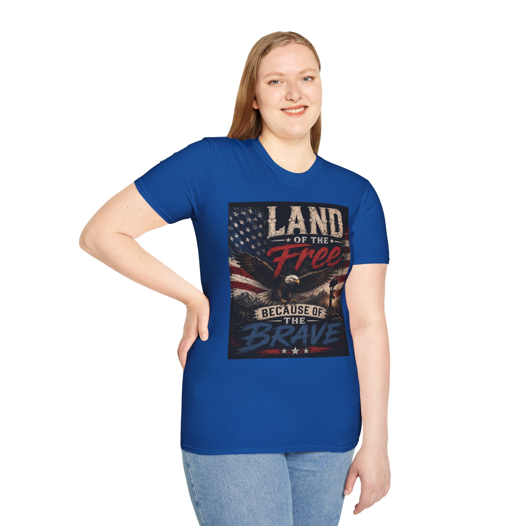 Land of the Free T‑Shirt — Vintage American Flag & Bald Eagle "Because of the Brave"