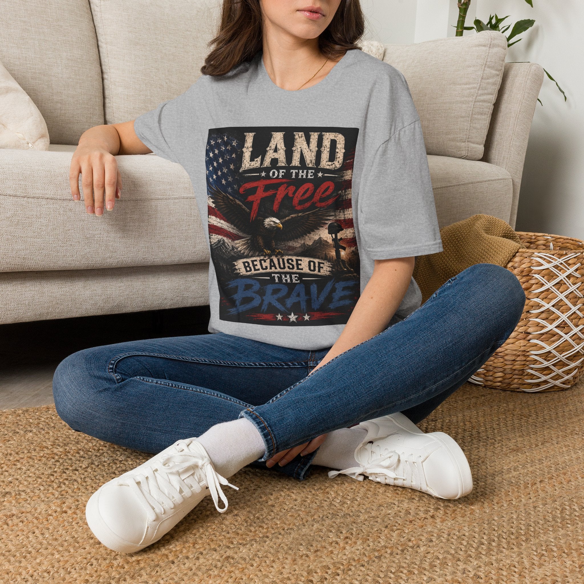 Land of the Free T‑Shirt — Vintage American Flag & Bald Eagle "Because of the Brave"