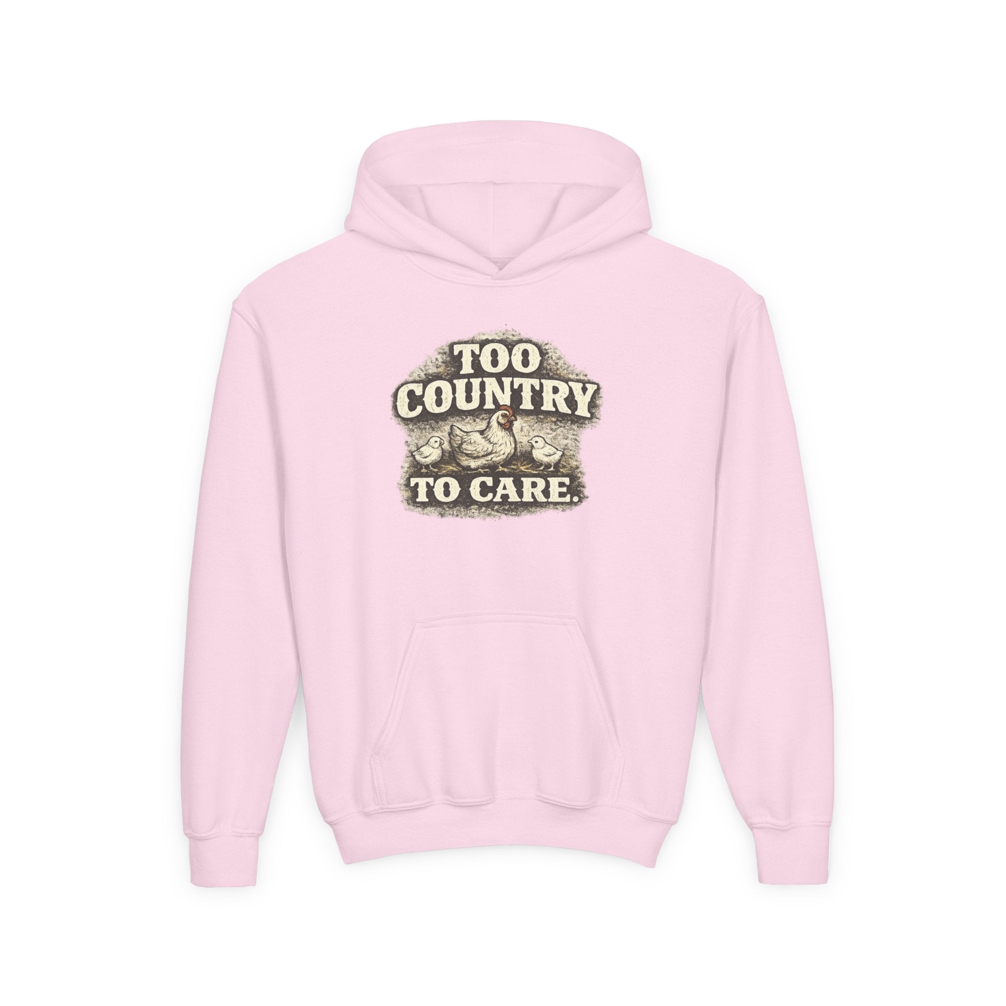 Youth Hoodie — 'Too Country to Care' / Appalachian Faith Graphic