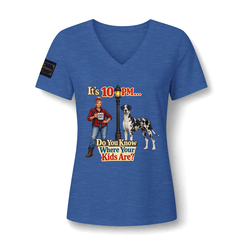 V-Neck Tee — "It's 10 PM... Do You Know Where Your Kids Are?" Retro Dog Graphic