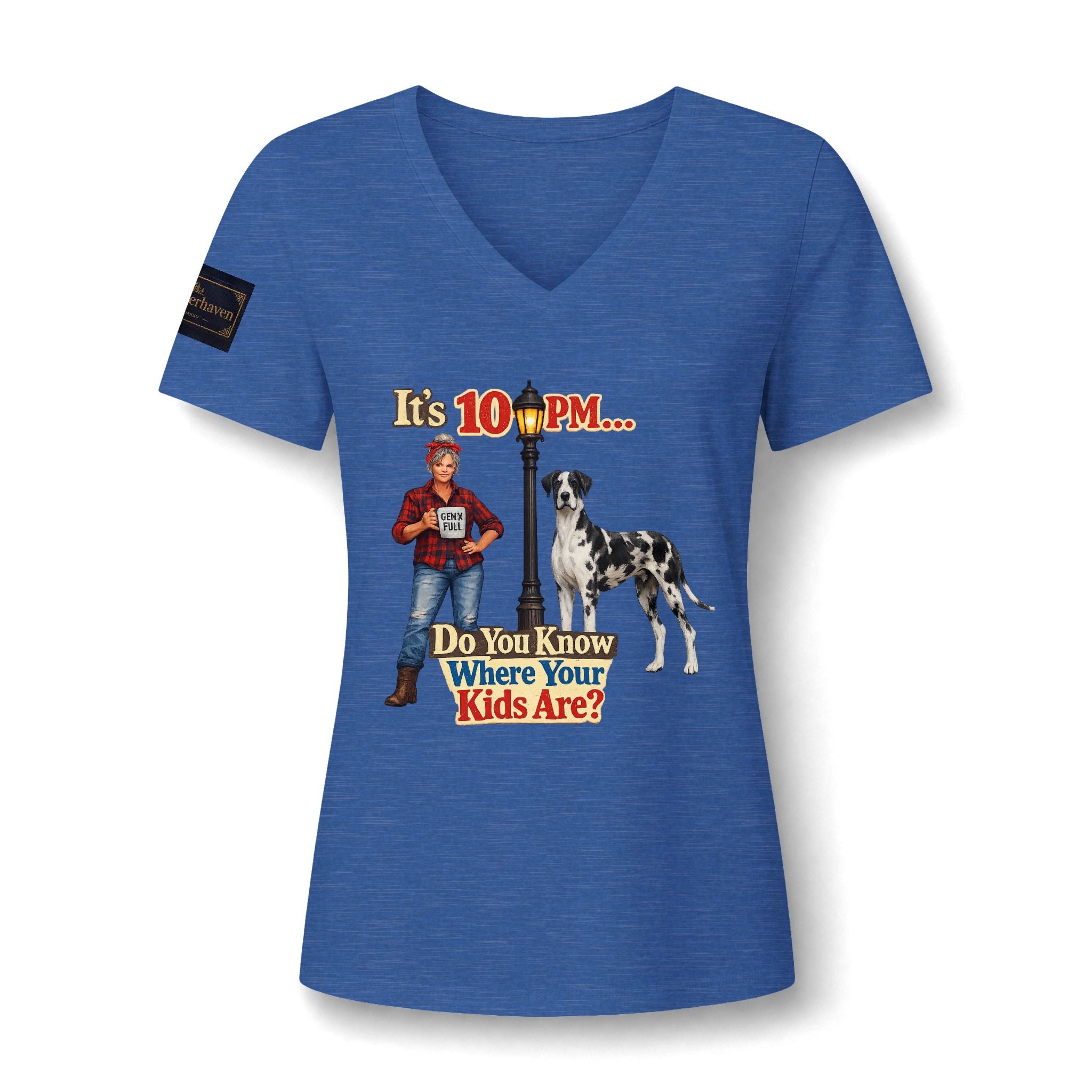 V-Neck Tee — "It's 10 PM... Do You Know Where Your Kids Are?" Retro Dog Graphic