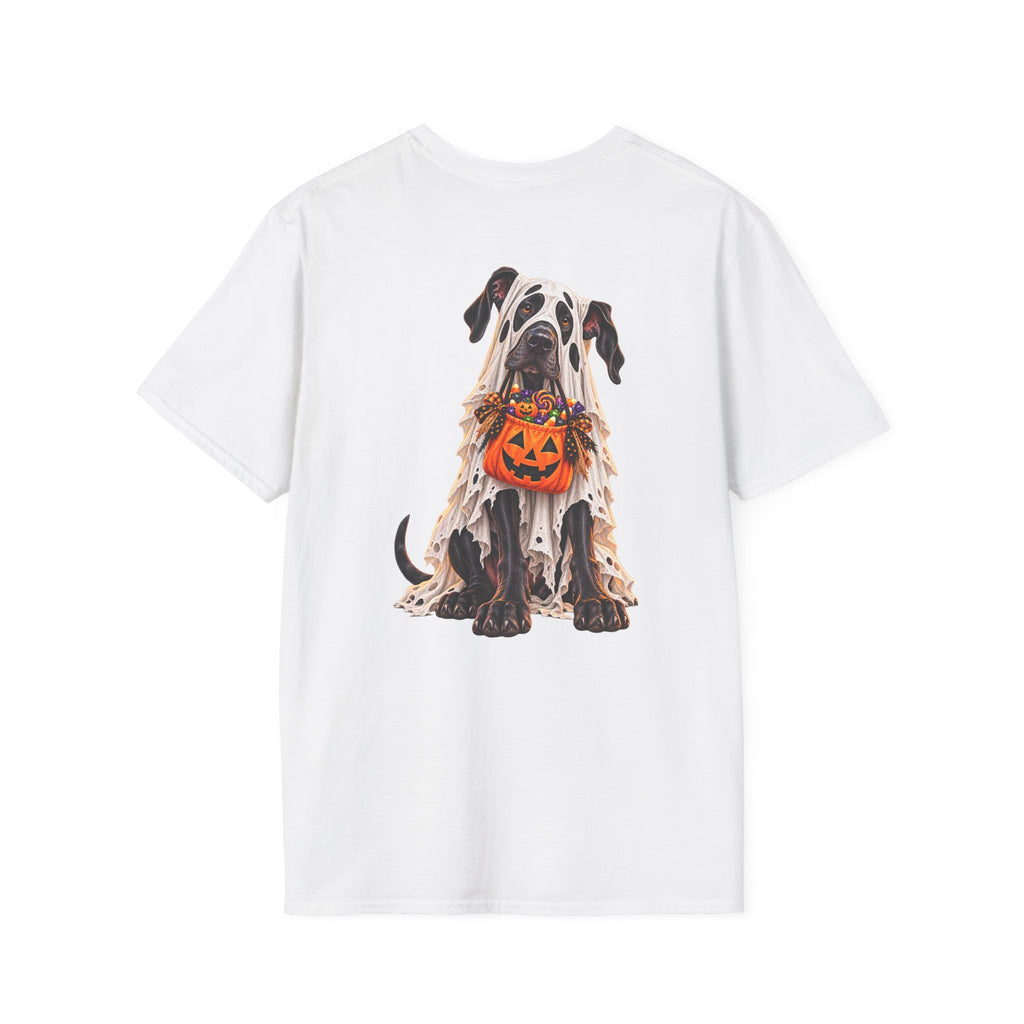 Halloween Dog T-Shirt — Great Dane with Pumpkin Candy Pail