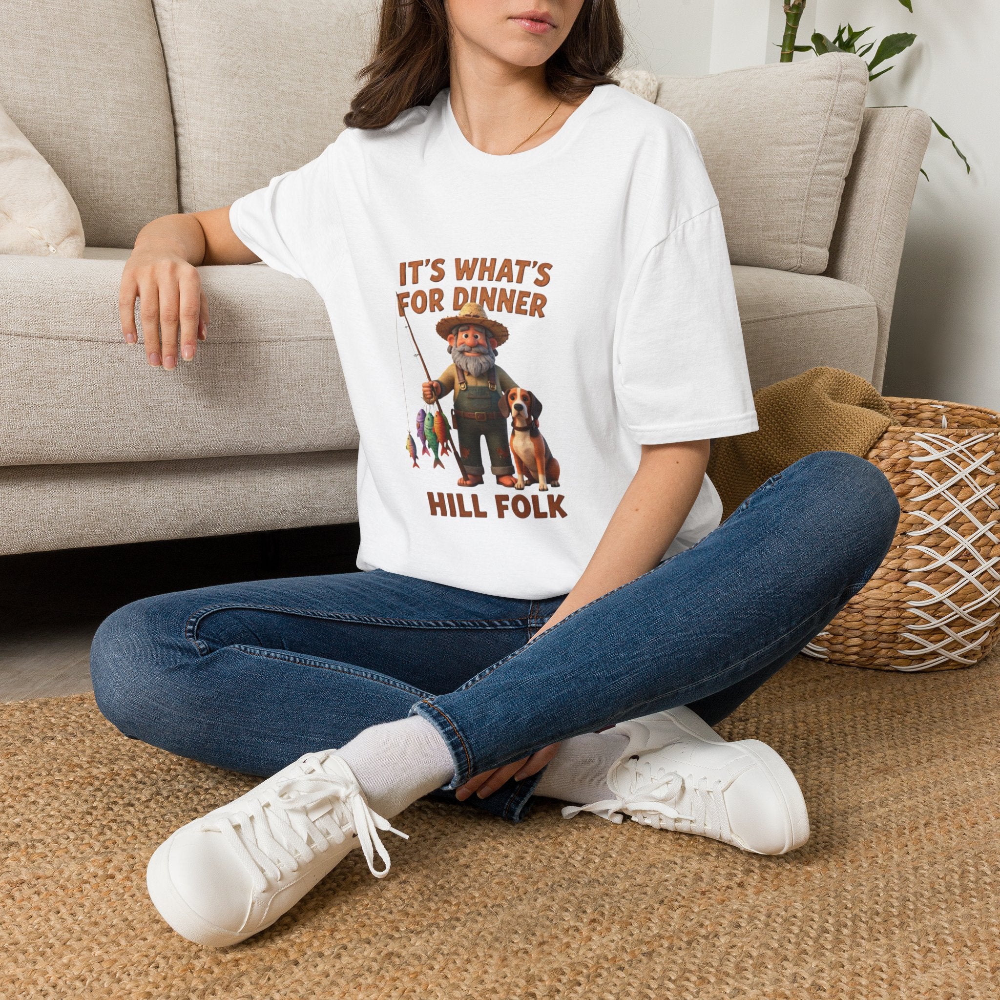 It's What's For Dinner Hill Folk T-Shirt — Rustic Fisherman & Dog Graphic Tee