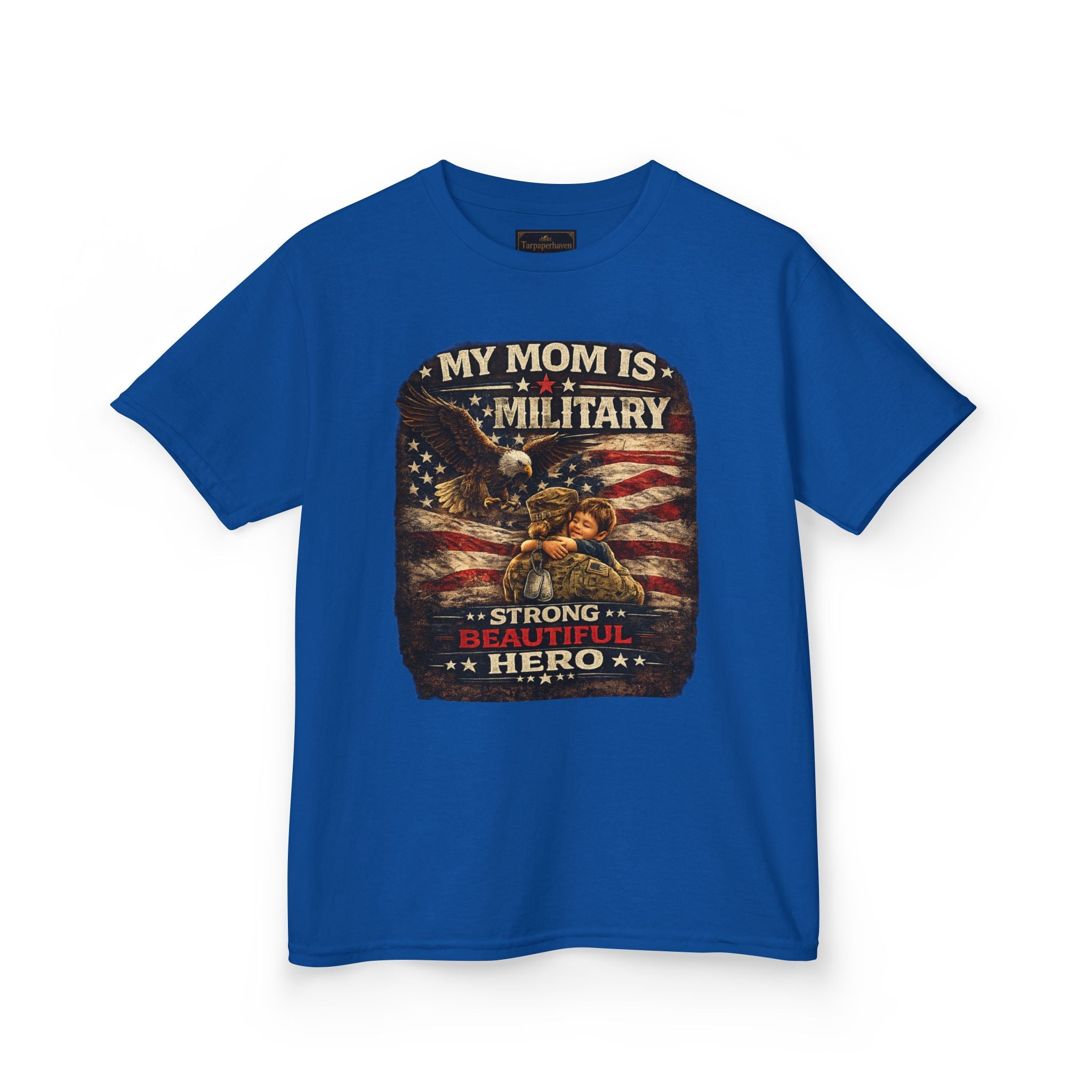 Kids Tee — "My Mom Is Military" Patriotic American Flag Shirt