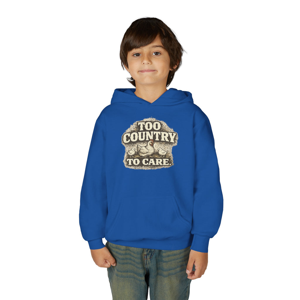 Youth Hoodie — 'Too Country to Care' / Appalachian Faith Graphic