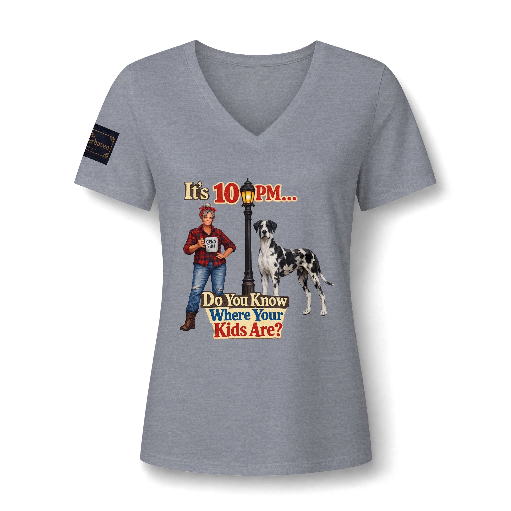 V-Neck Tee — "It's 10 PM... Do You Know Where Your Kids Are?" Retro Dog Graphic