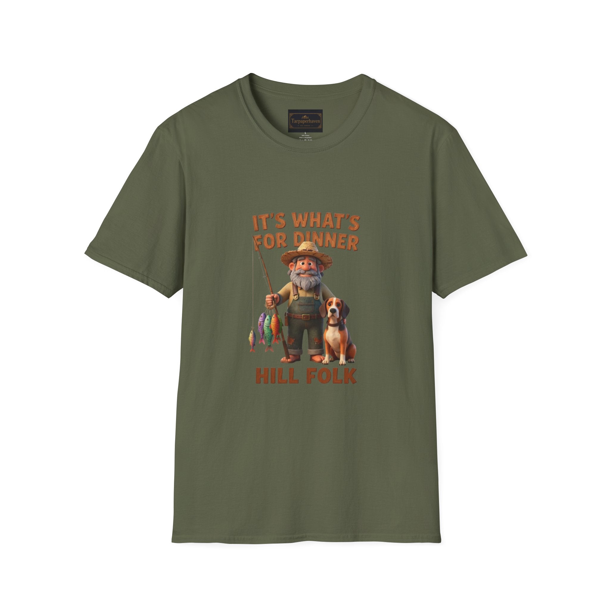 It's What's For Dinner Hill Folk T-Shirt — Rustic Fisherman & Dog Graphic Tee