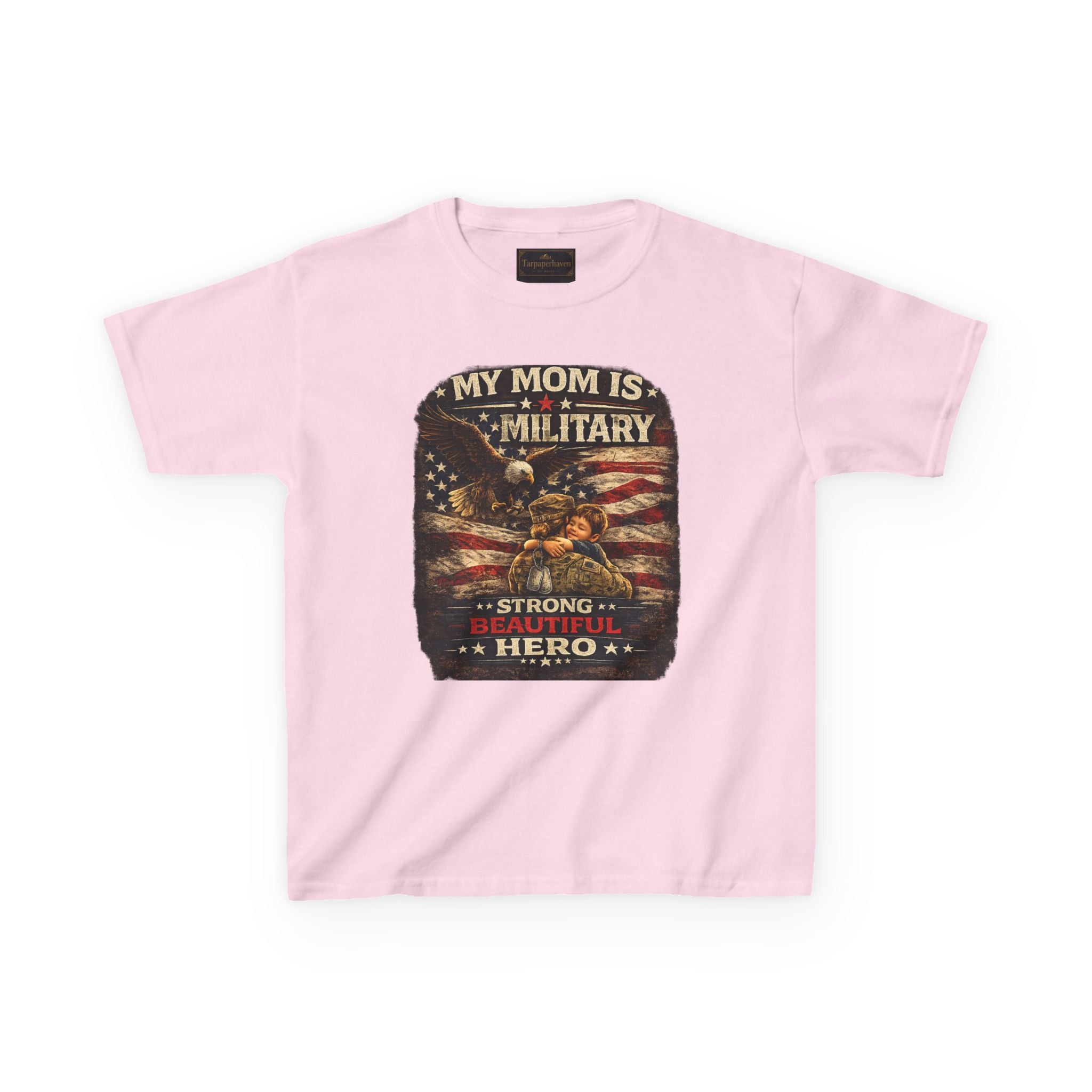 Kids Tee — "My Mom Is Military" Patriotic American Flag Shirt