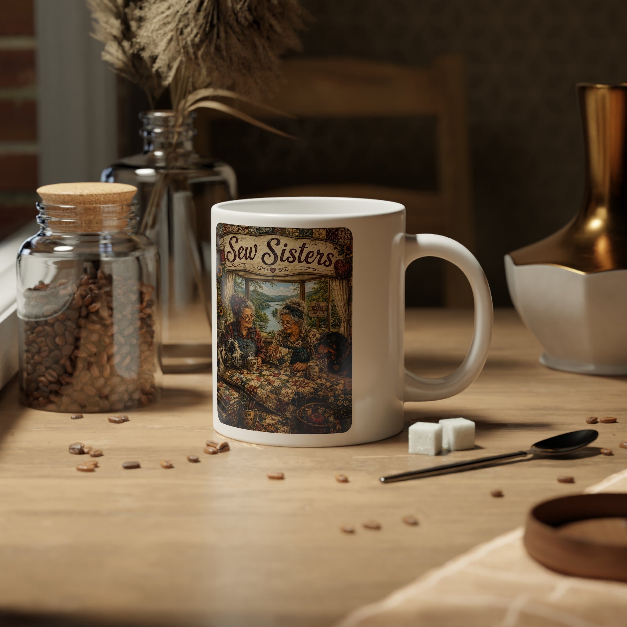 20oz Jumbo Mug — "Sew & Sisters" Vintage Quilting Tea Coffee Mug for Crafters
