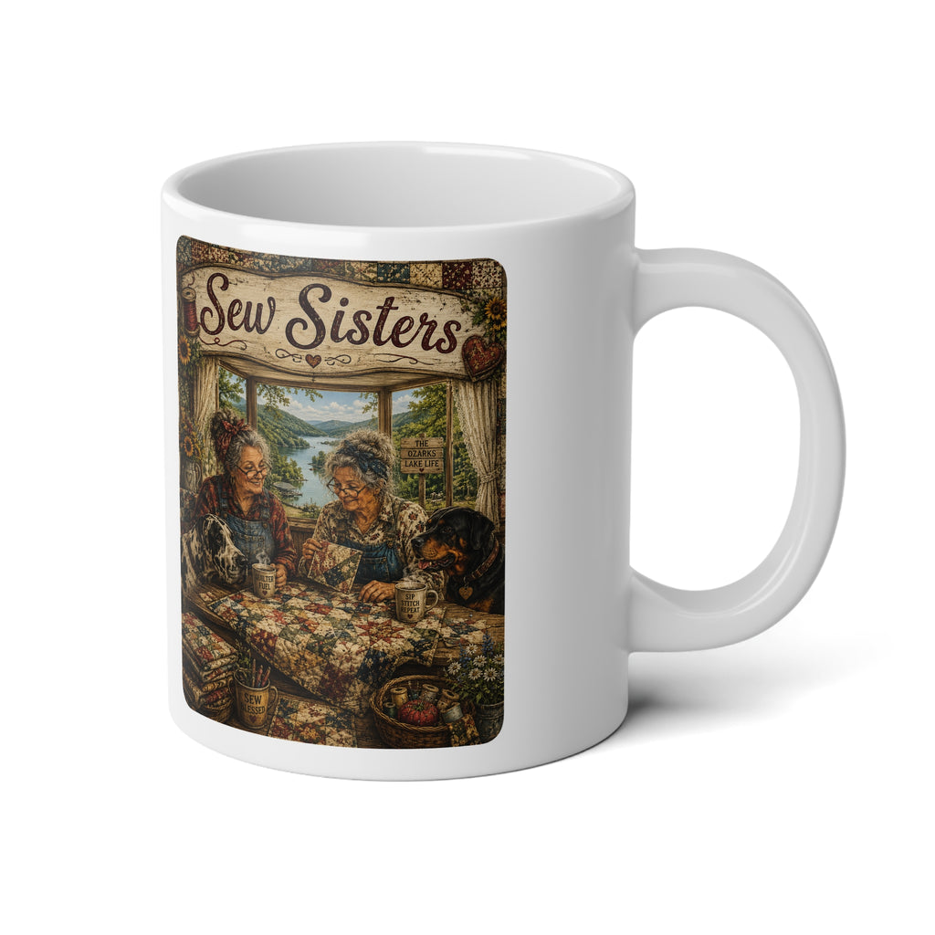 20oz Jumbo Mug — "Sew & Sisters" Vintage Quilting Tea Coffee Mug for Crafters