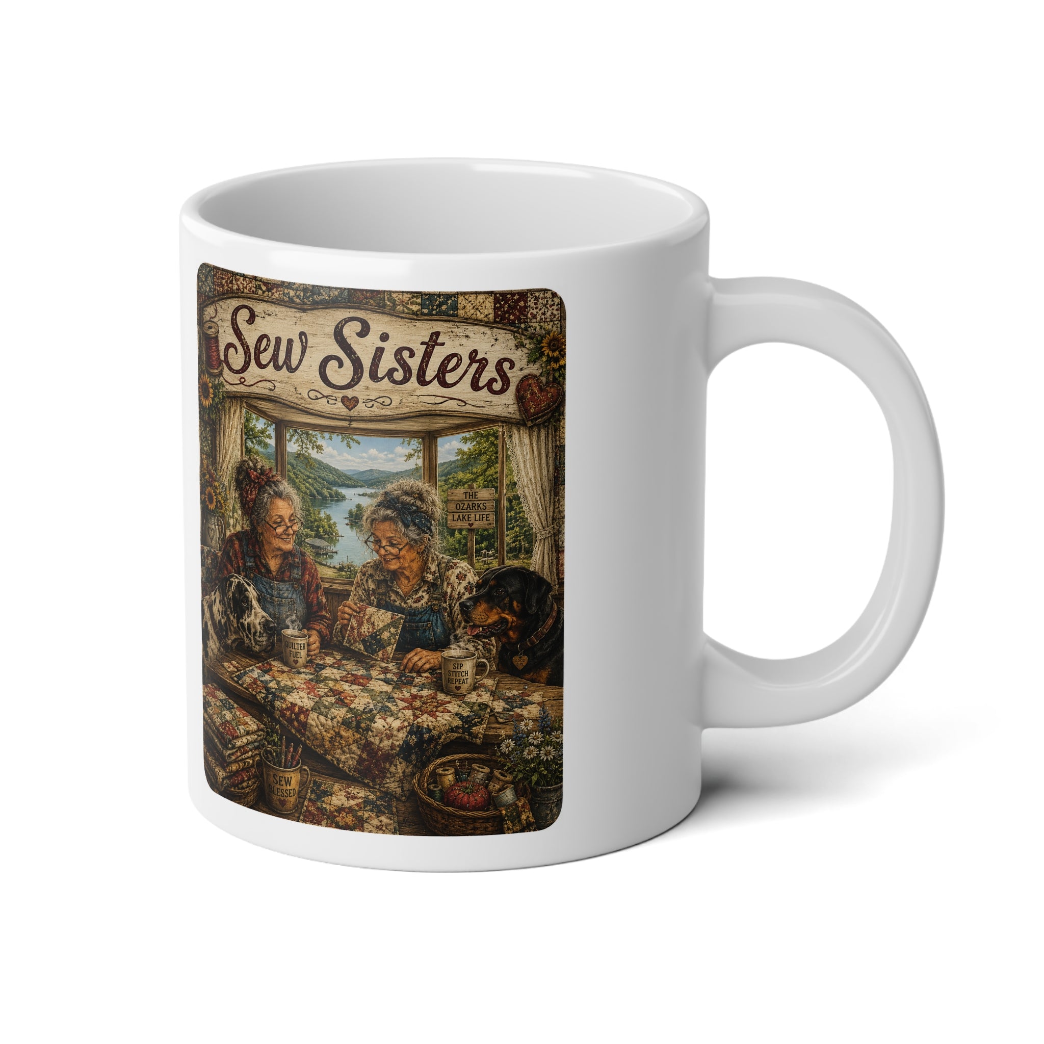 20oz Jumbo Mug — "Sew & Sisters" Vintage Quilting Tea Coffee Mug for Crafters