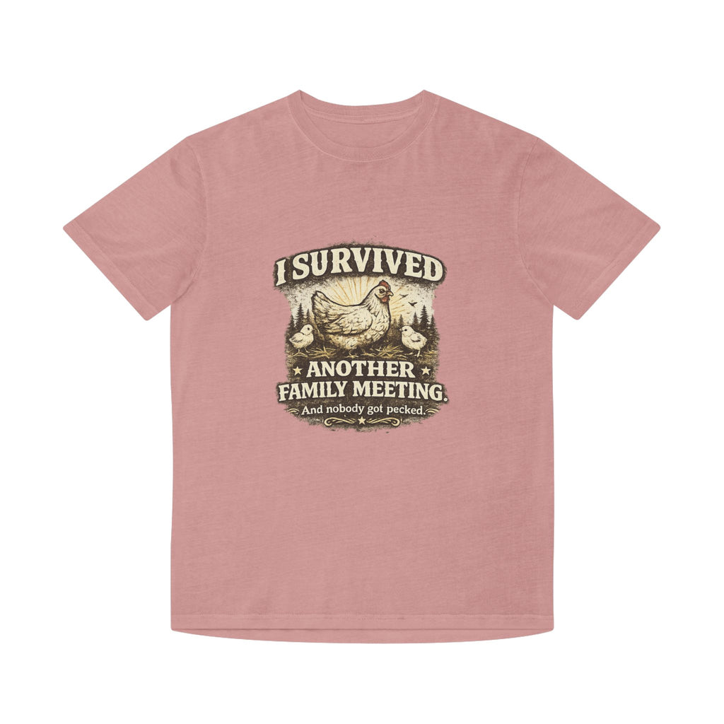 T-Shirt — "I Survived Another Family Meeting" Vintage Chicken Humor Tee