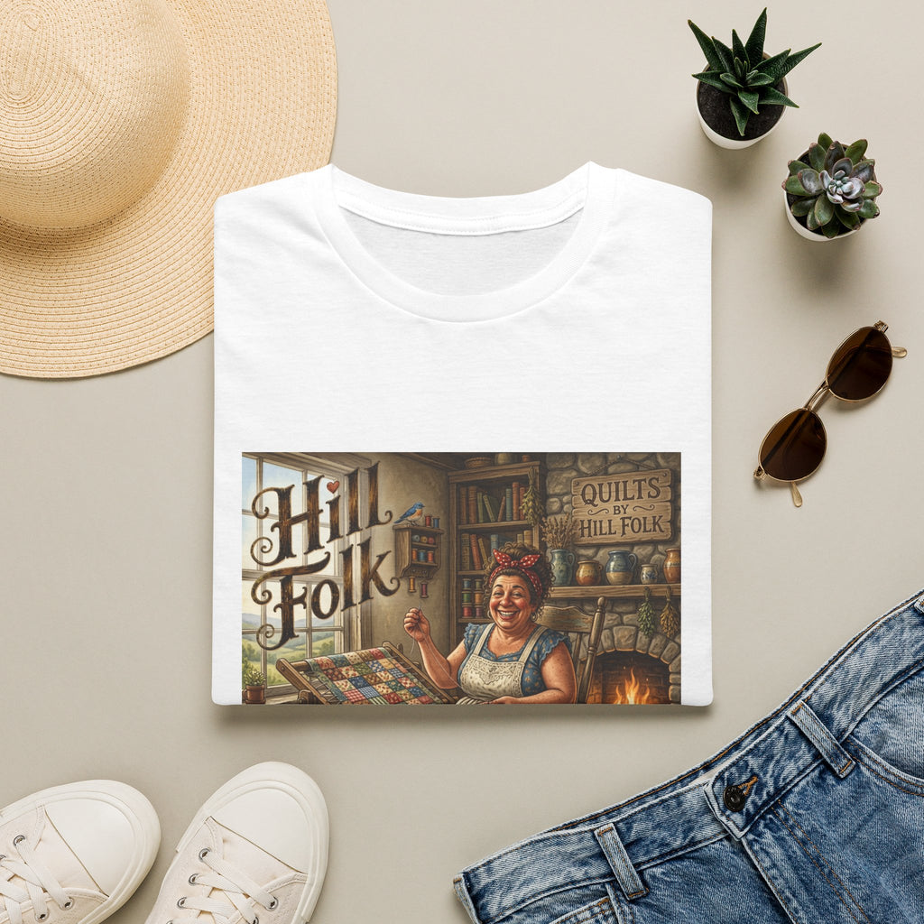 Vintage Hillfolk Quilting Woman T-Shirt — Americana Quilter Graphic Tee