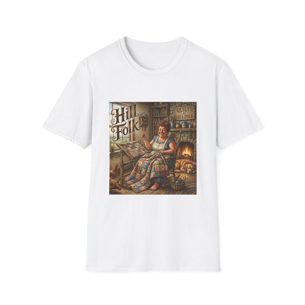 Vintage Hillfolk Quilting Woman T-Shirt — Americana Quilter Graphic Tee