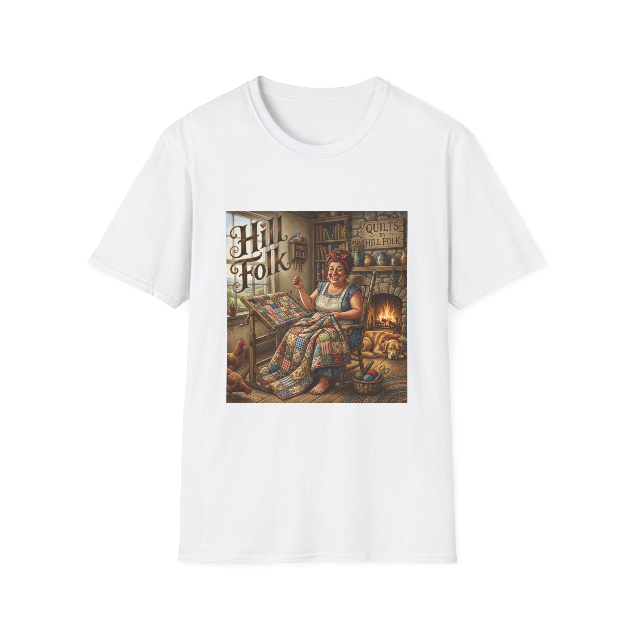 Vintage Hillfolk Quilting Woman T-Shirt — Americana Quilter Graphic Tee