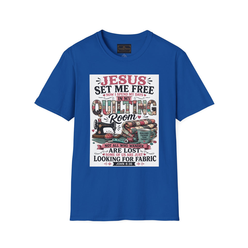 Quilting T-Shirt — "Jesus Set Me Free" Faithful Quilter Tee