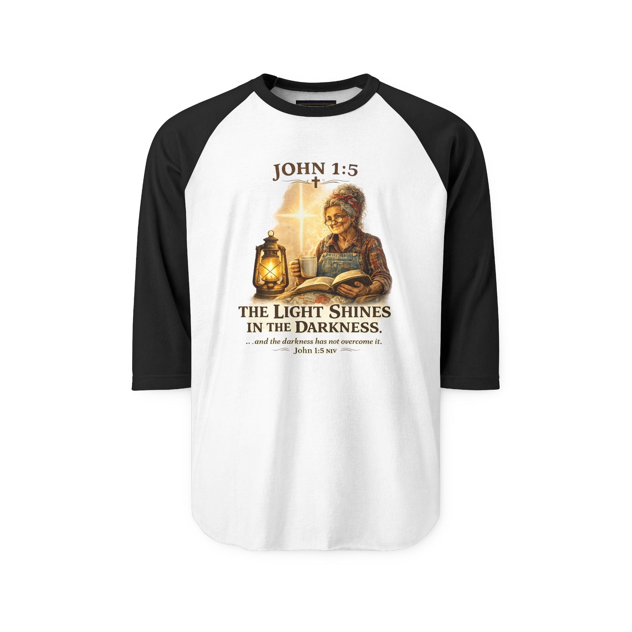 John 1:5 Lantern Graphic Raglan Shirt — "The Light Shines in the Darkness" Christian Baseball Tee