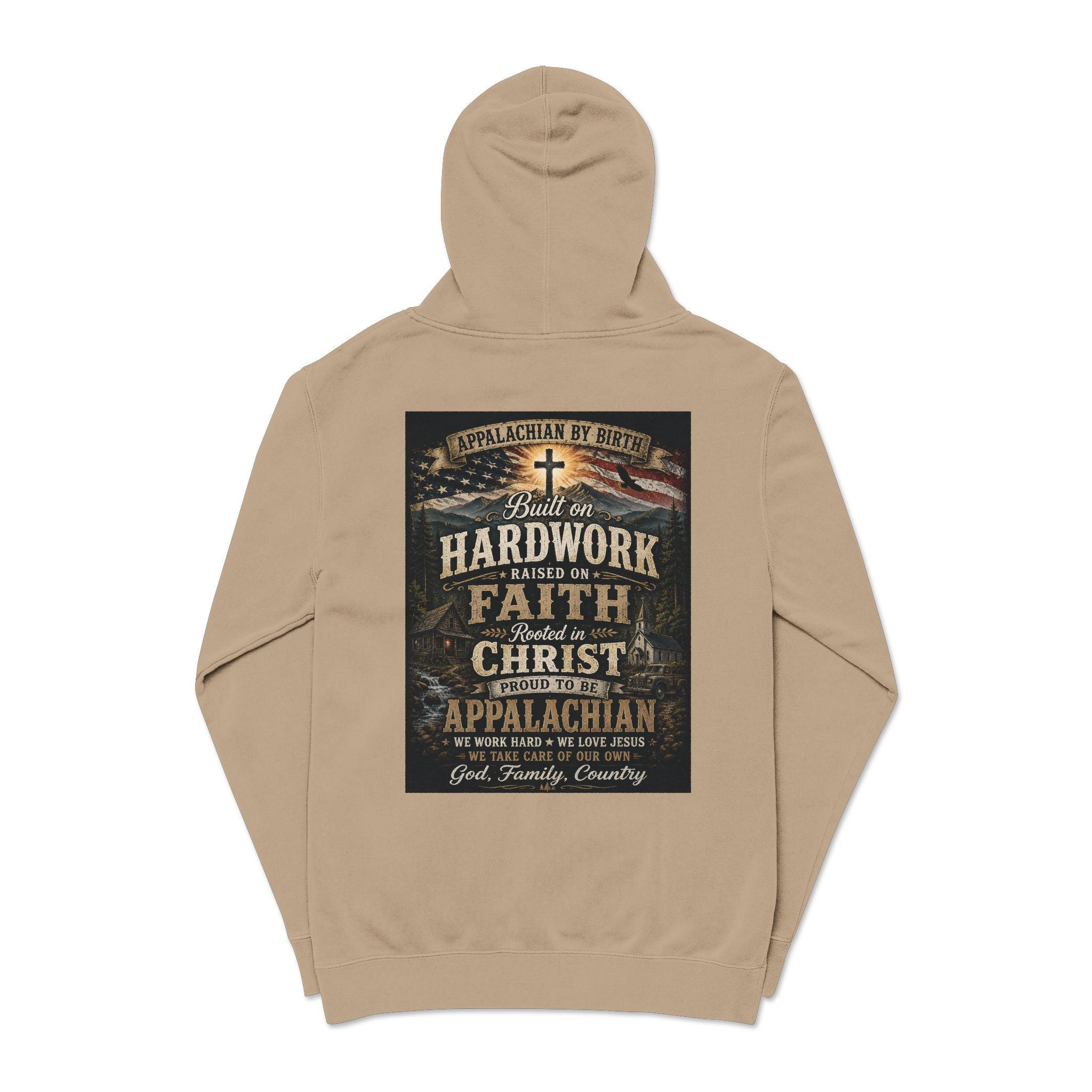 Appalachian Faith Hoodie — "Too Country to Care" Pigment-Dyed Pullover