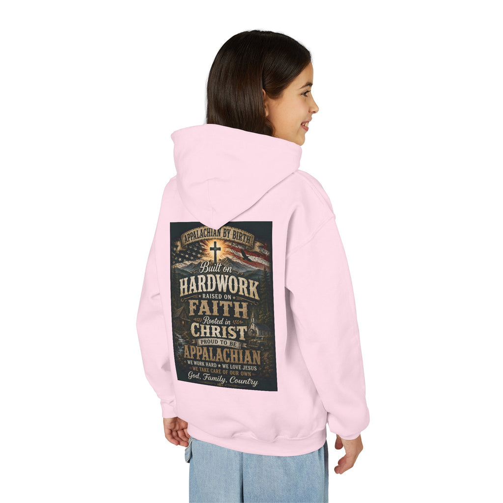 Youth Hoodie — 'Too Country to Care' / Appalachian Faith Graphic