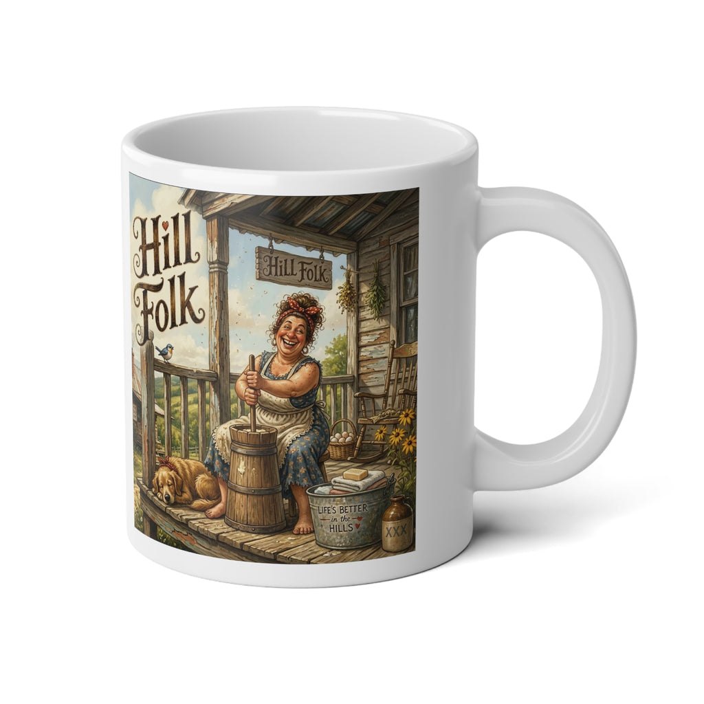 Jumbo Mug — 'Hill Folk' Country Porch butter churn  Scene 20oz Ceramic Coffee Cup