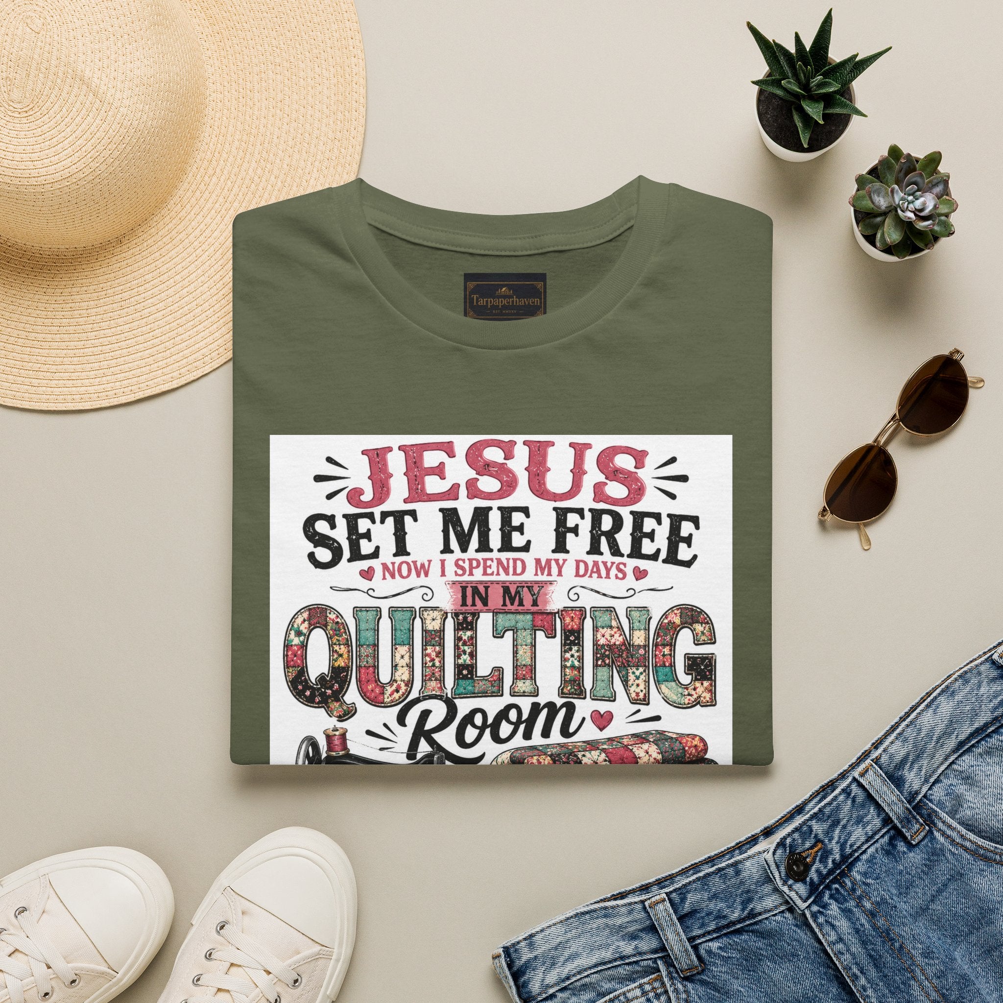 Quilting T-Shirt — "Jesus Set Me Free" Faithful Quilter Tee
