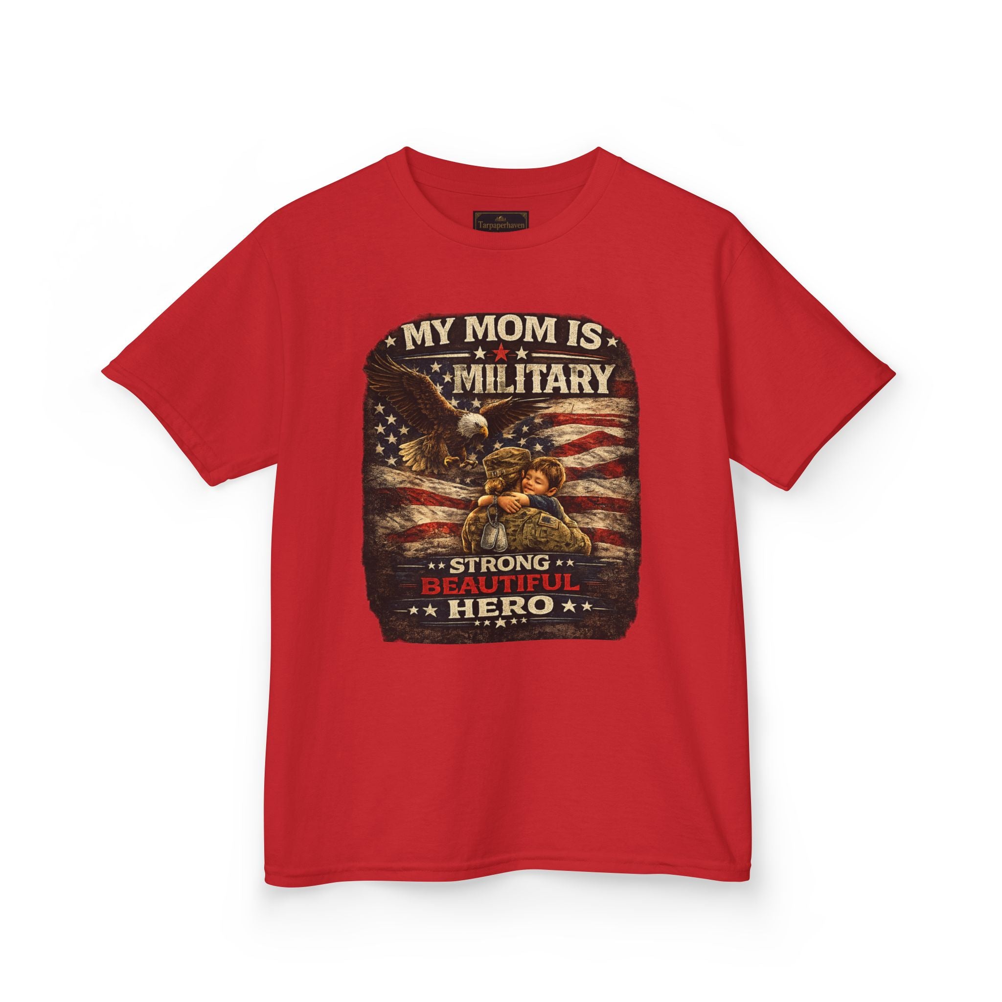 Kids Tee — "My Mom Is Military" Patriotic American Flag Shirt