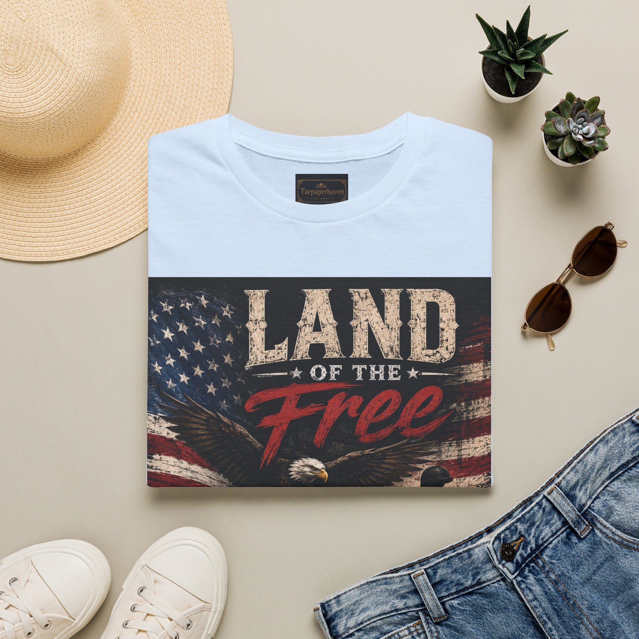 Land of the Free T‑Shirt — Vintage American Flag & Bald Eagle "Because of the Brave"