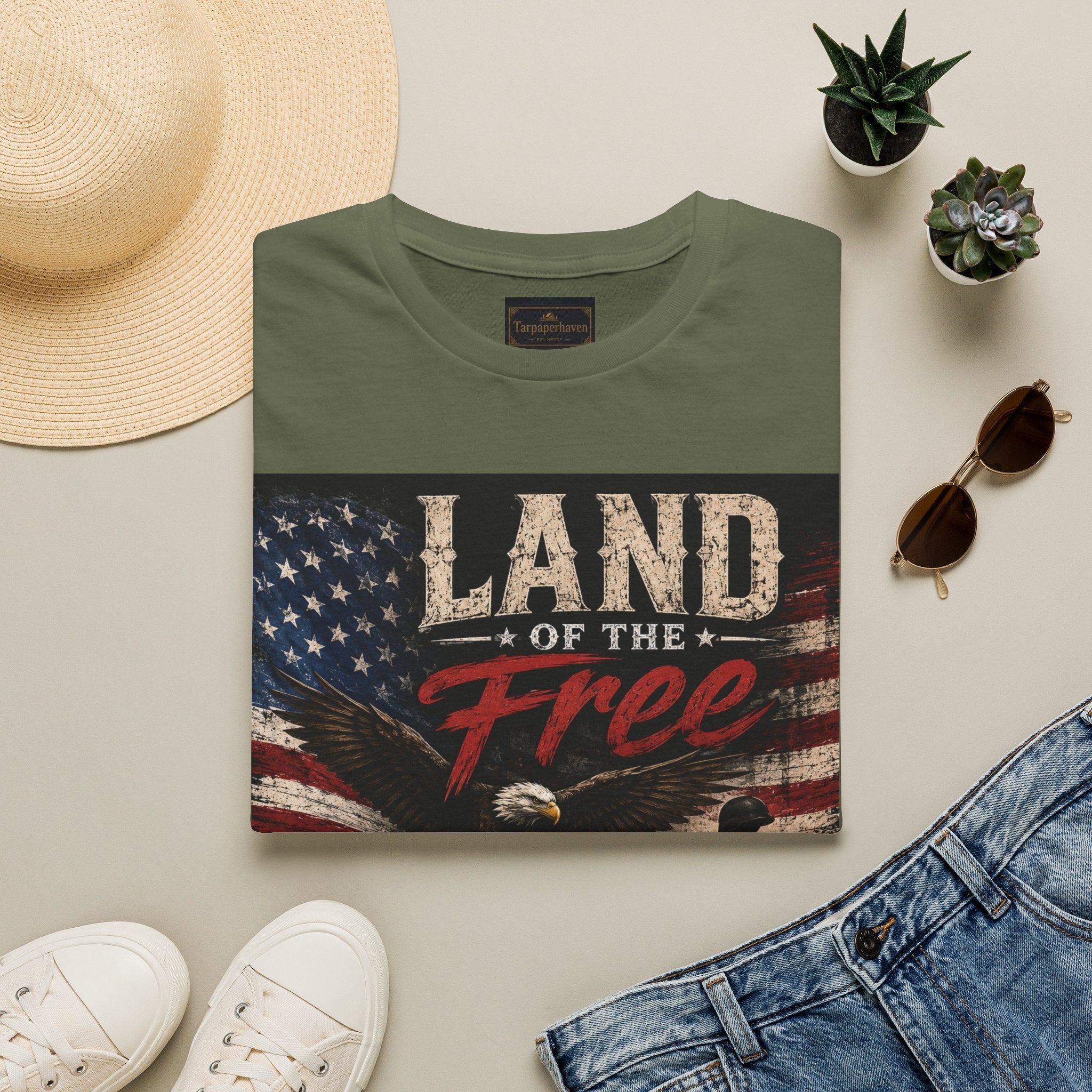 Land of the Free T‑Shirt — Vintage American Flag & Bald Eagle "Because of the Brave"