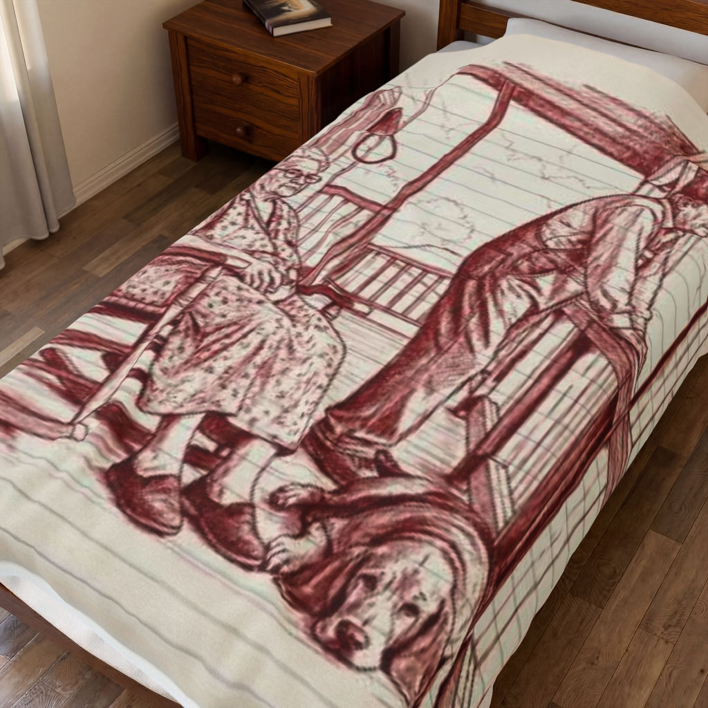 Red work Portrait Velveteen Plush Blanket — Vintage Sketch of Elder Couple & Dog