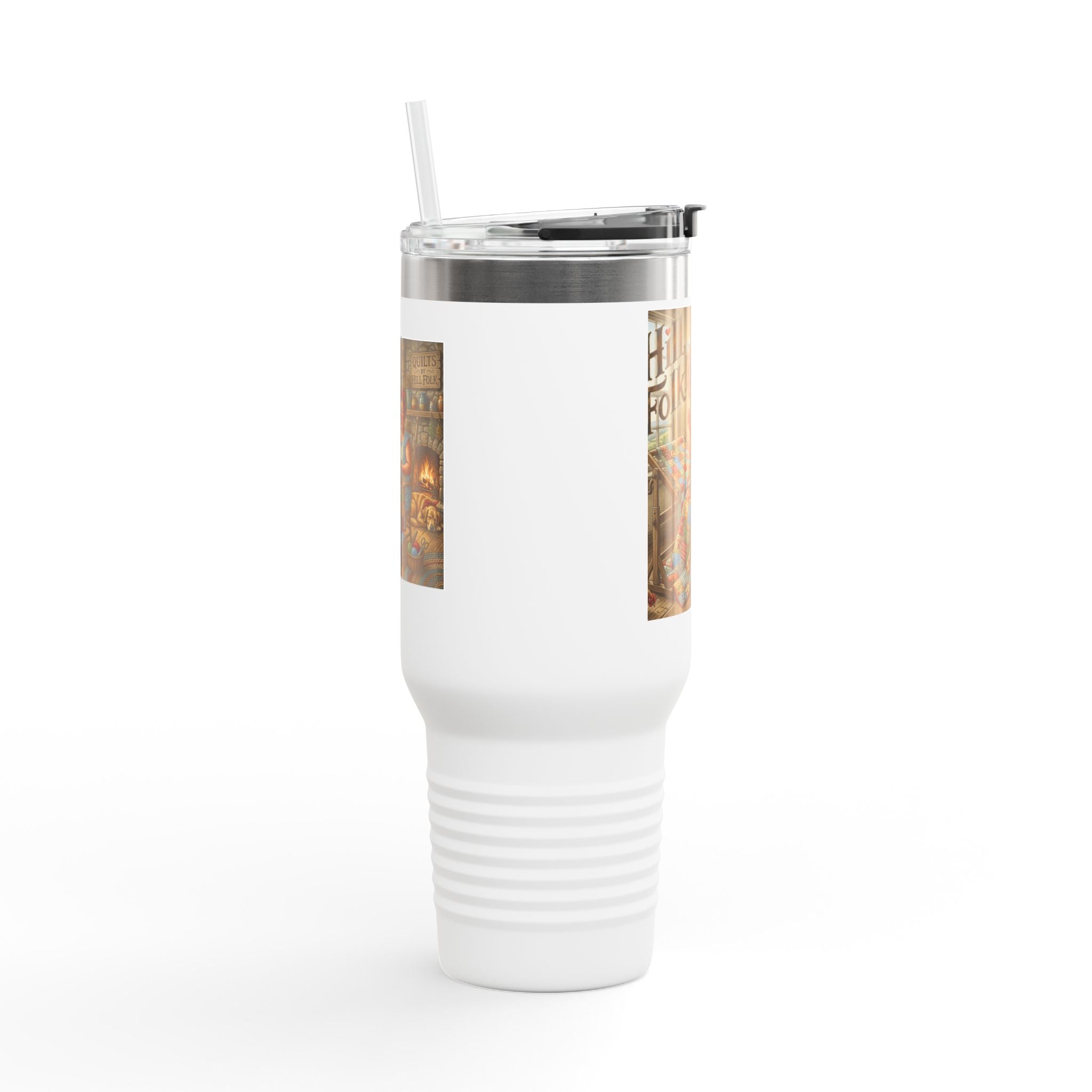40oz Insulated Travel Mug — Cozy Hillfolk Cabin quilting Scene