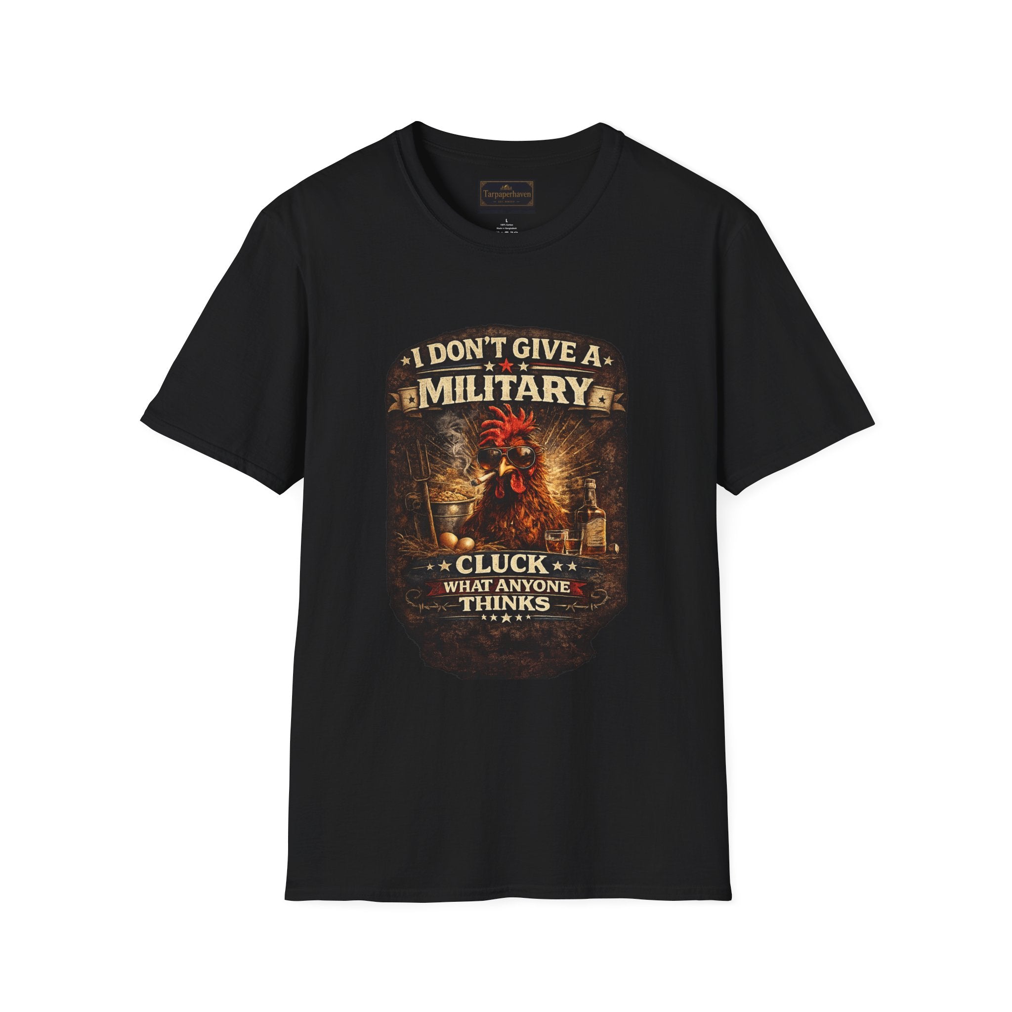 T‑Shirt — "I Don't Give A Military Cluck" Rooster Graphic Tee