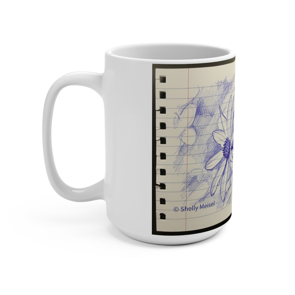 Floral Ballpoint Sketch 15oz Mug — Hand-Drawn Daisies on Lined Paper