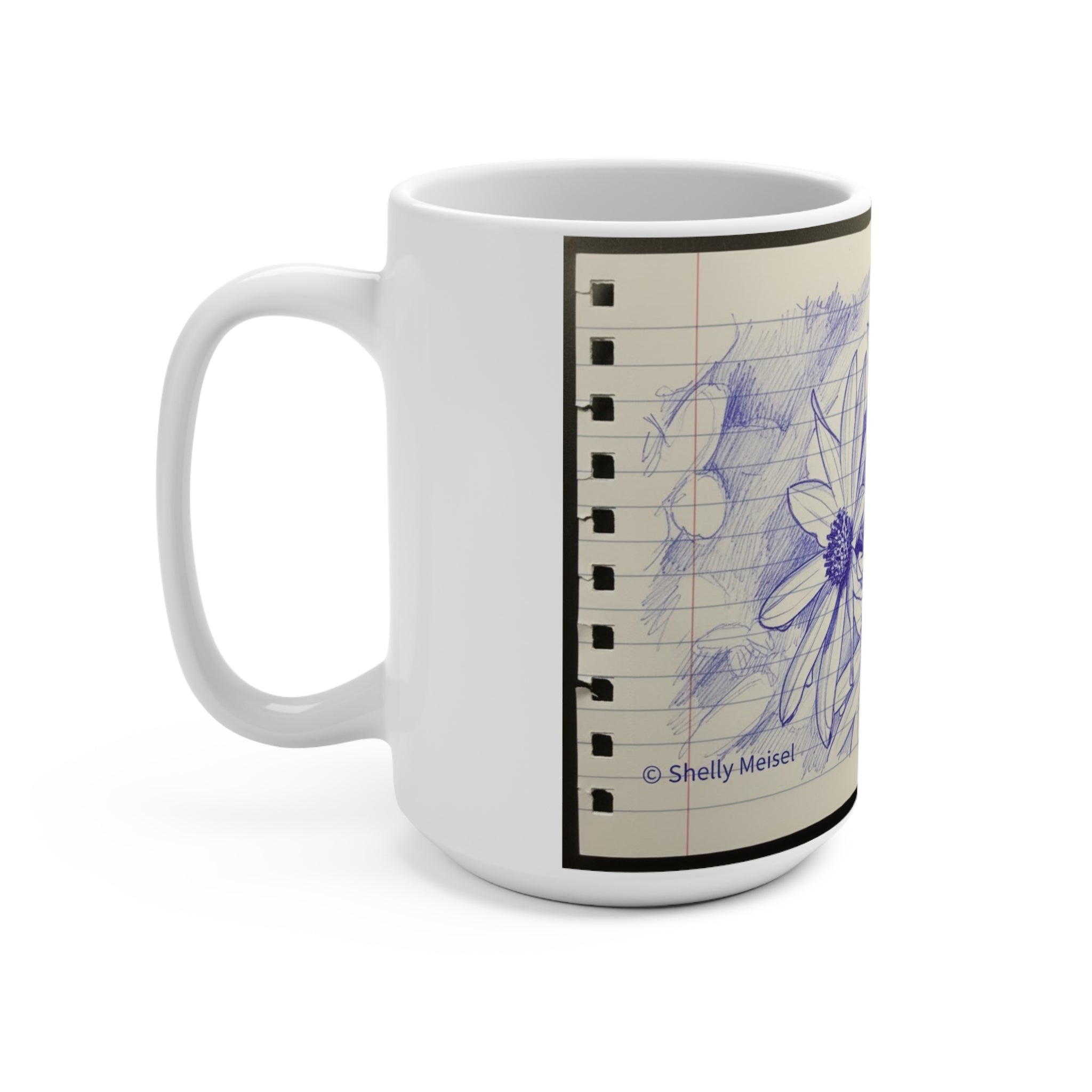 Floral Ballpoint Sketch 15oz Mug — Hand-Drawn Daisies on Lined Paper