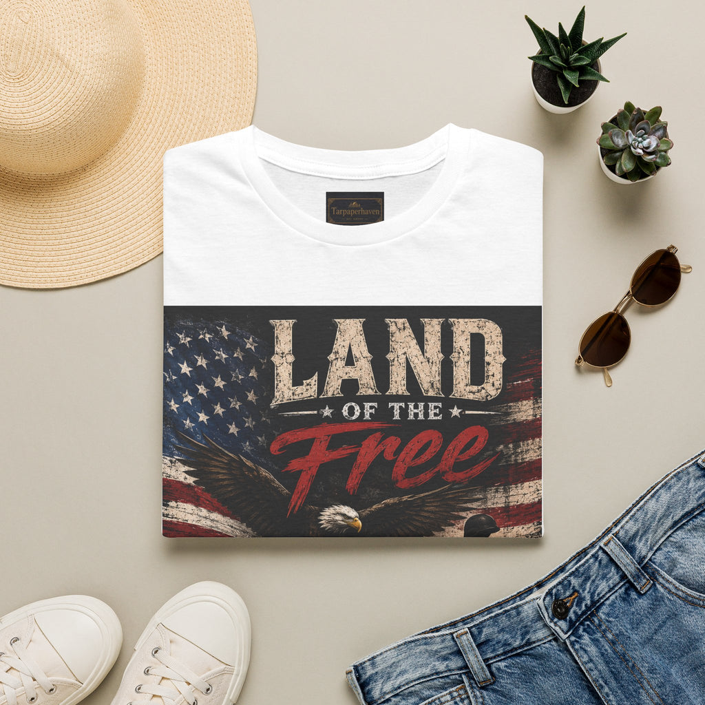 Land of the Free T‑Shirt — Vintage American Flag & Bald Eagle "Because of the Brave"