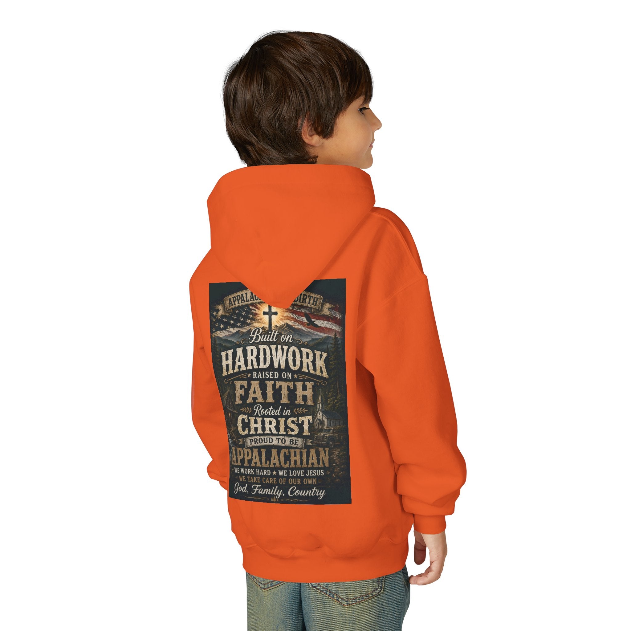 Youth Hoodie — 'Too Country to Care' / Appalachian Faith Graphic