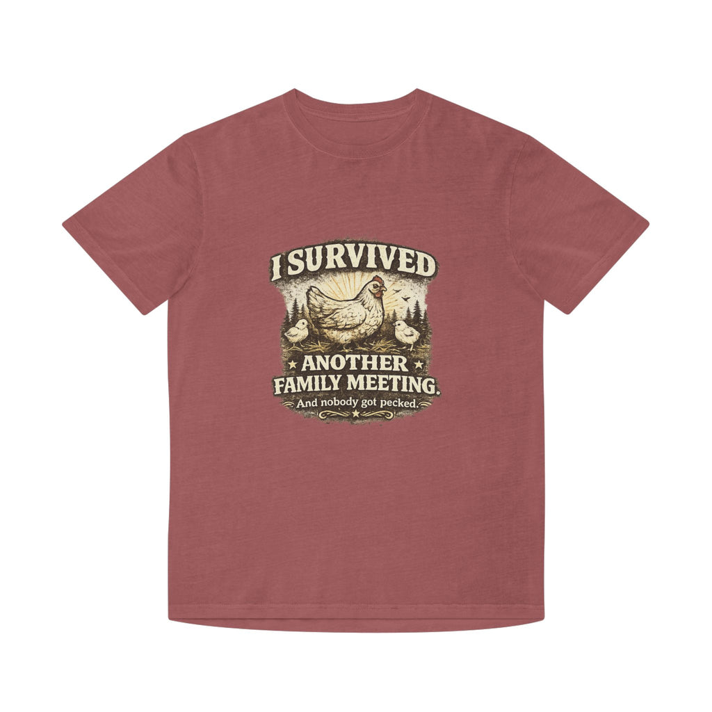 T-Shirt — "I Survived Another Family Meeting" Vintage Chicken Humor Tee