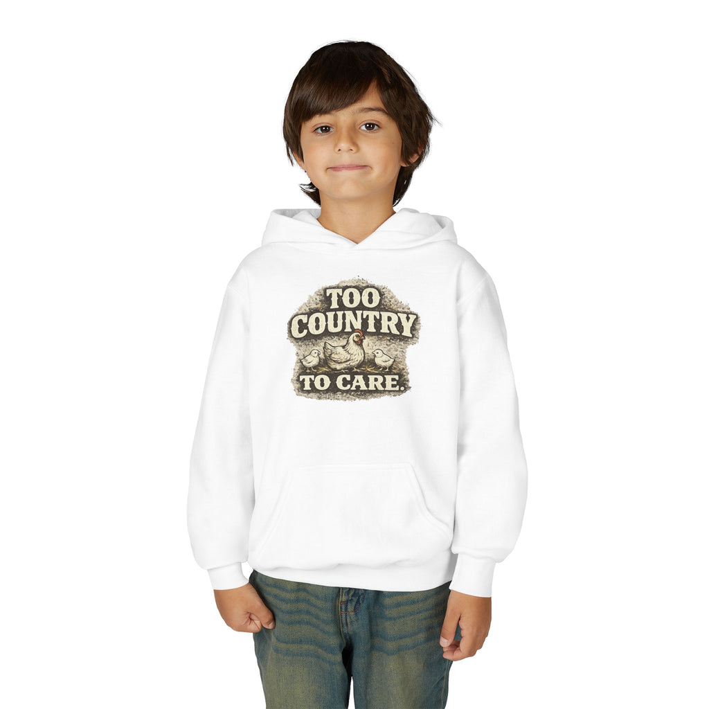 Youth Hoodie — 'Too Country to Care' / Appalachian Faith Graphic