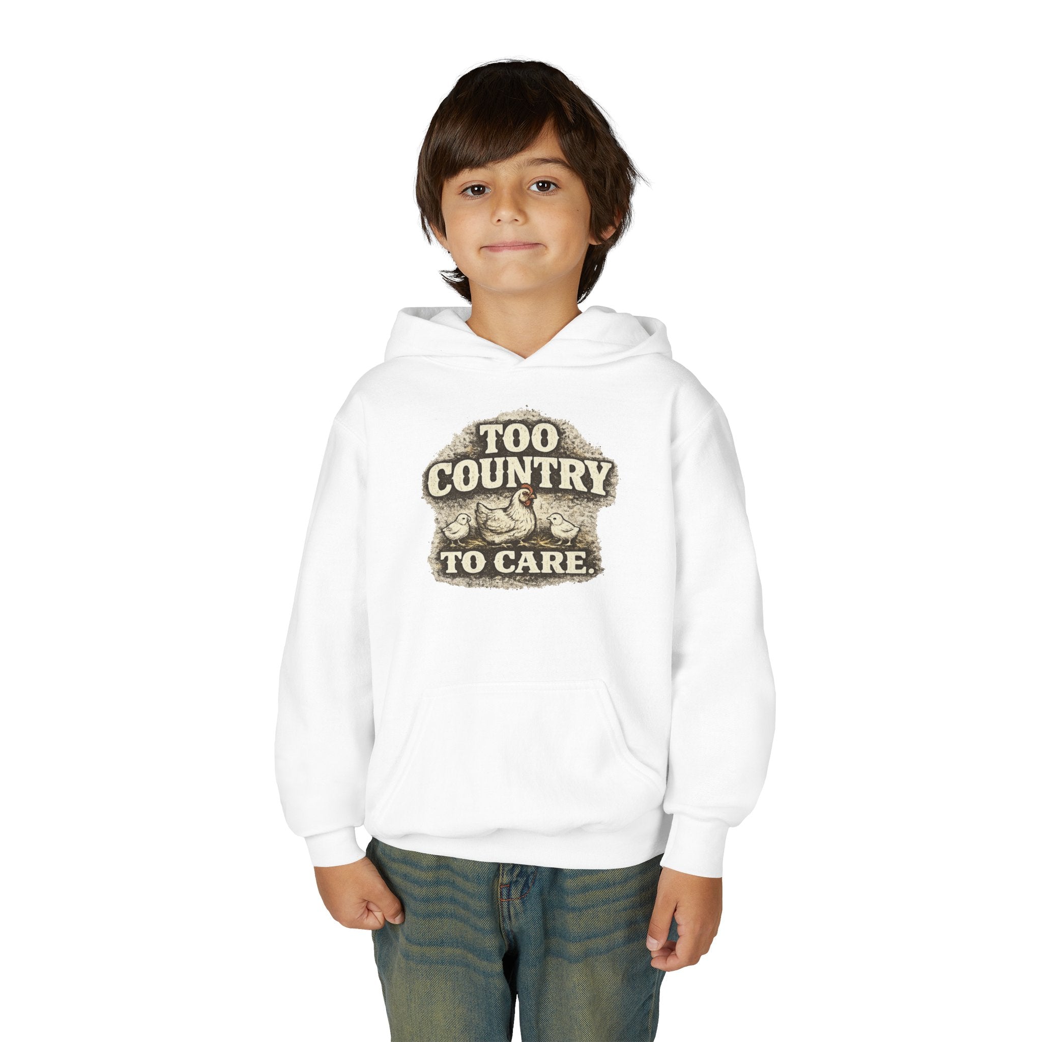 Youth Hoodie — 'Too Country to Care' / Appalachian Faith Graphic