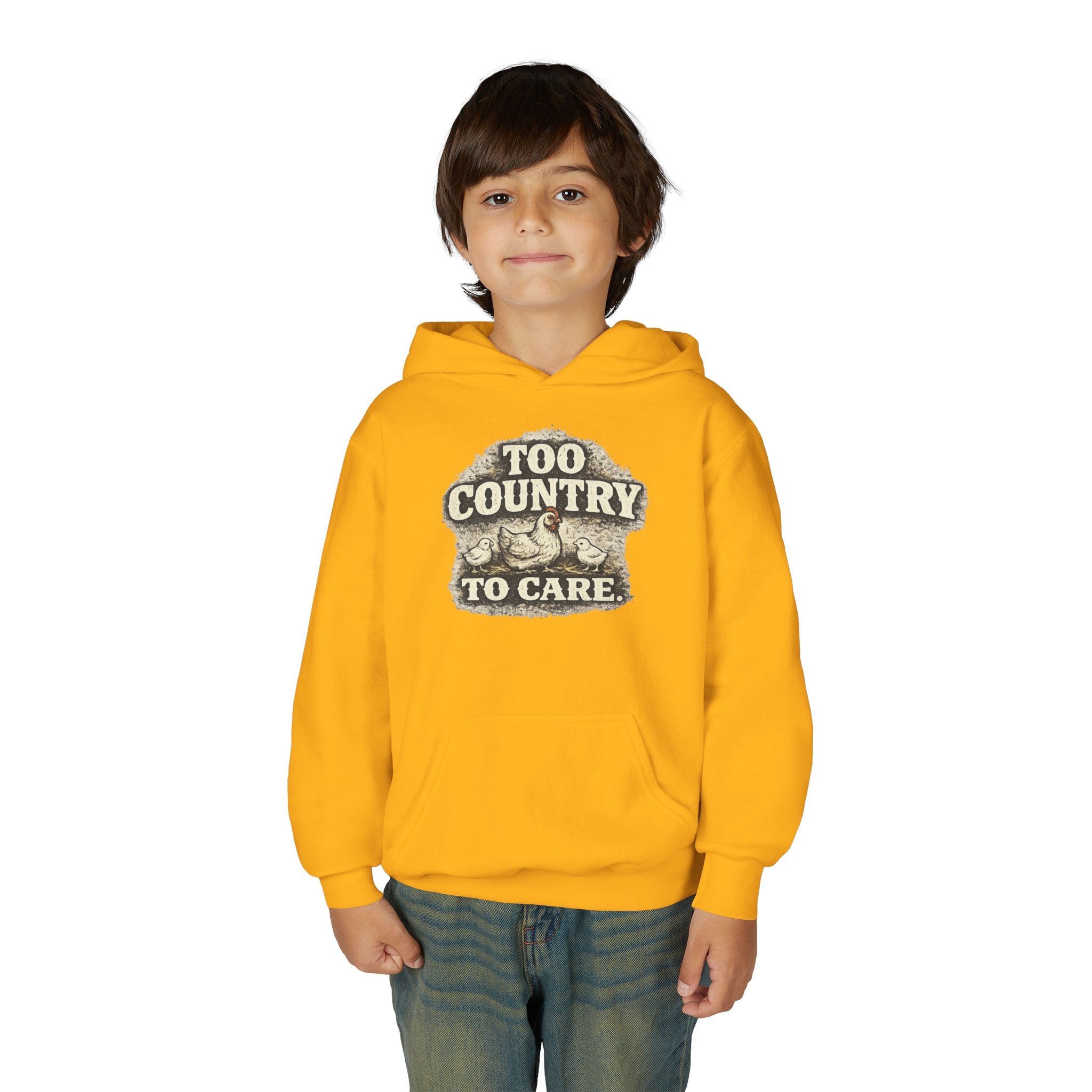 Youth Hoodie — 'Too Country to Care' / Appalachian Faith Graphic