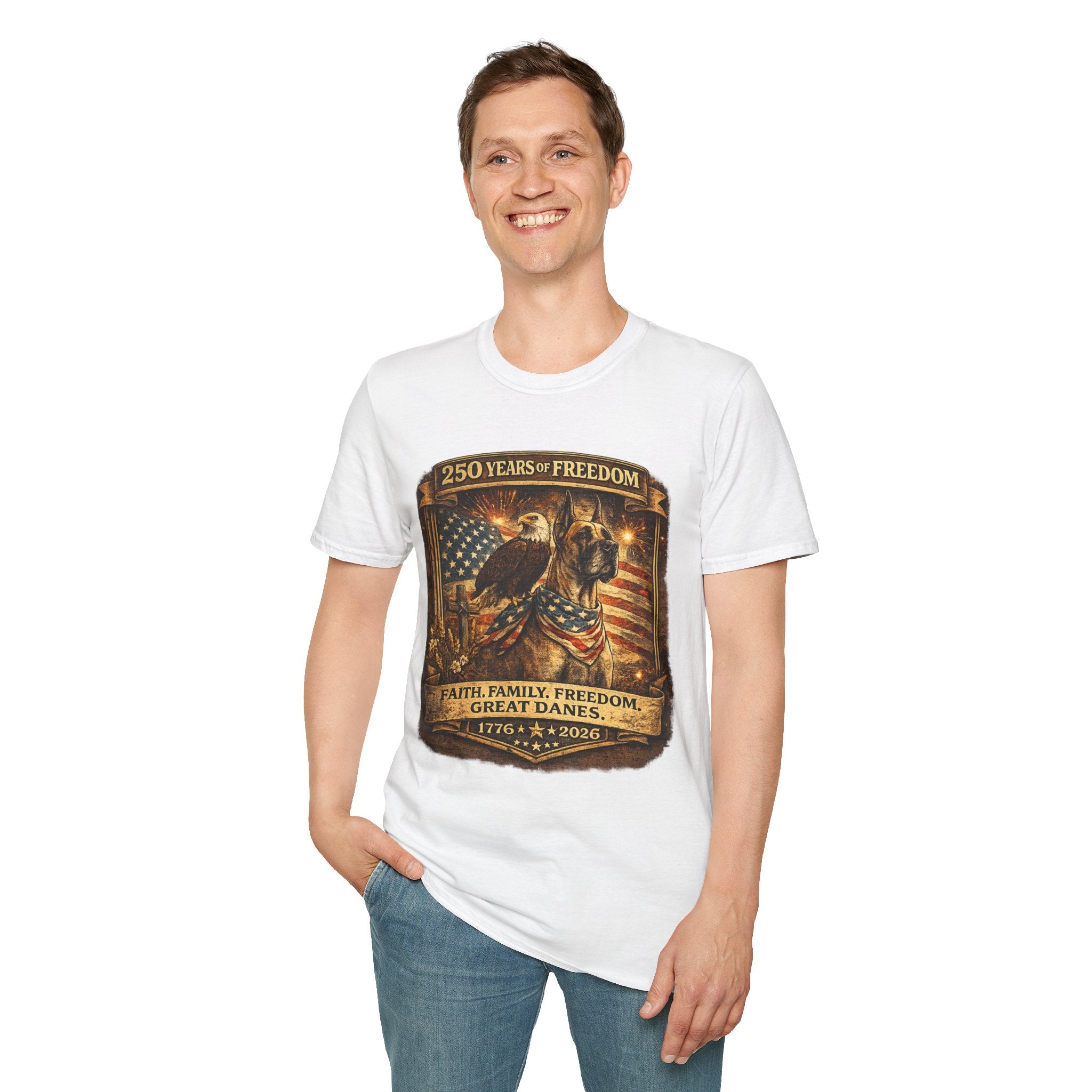 250 Years — Patriotic Bald Eagle & Great Dane  American Flag Tee
